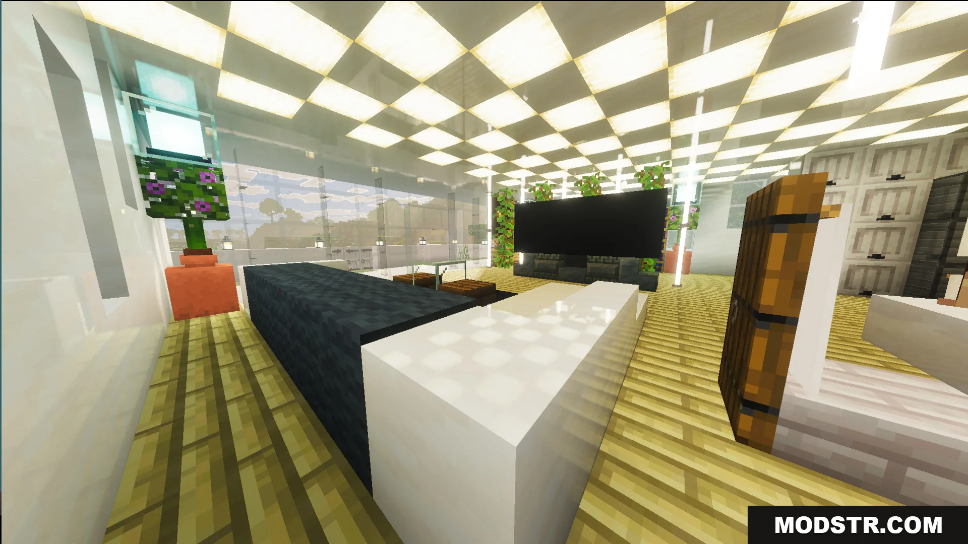 Survival Modern House 23 Map Screenshot 5 Modern living room with a large television and bright checkered pattern ceiling