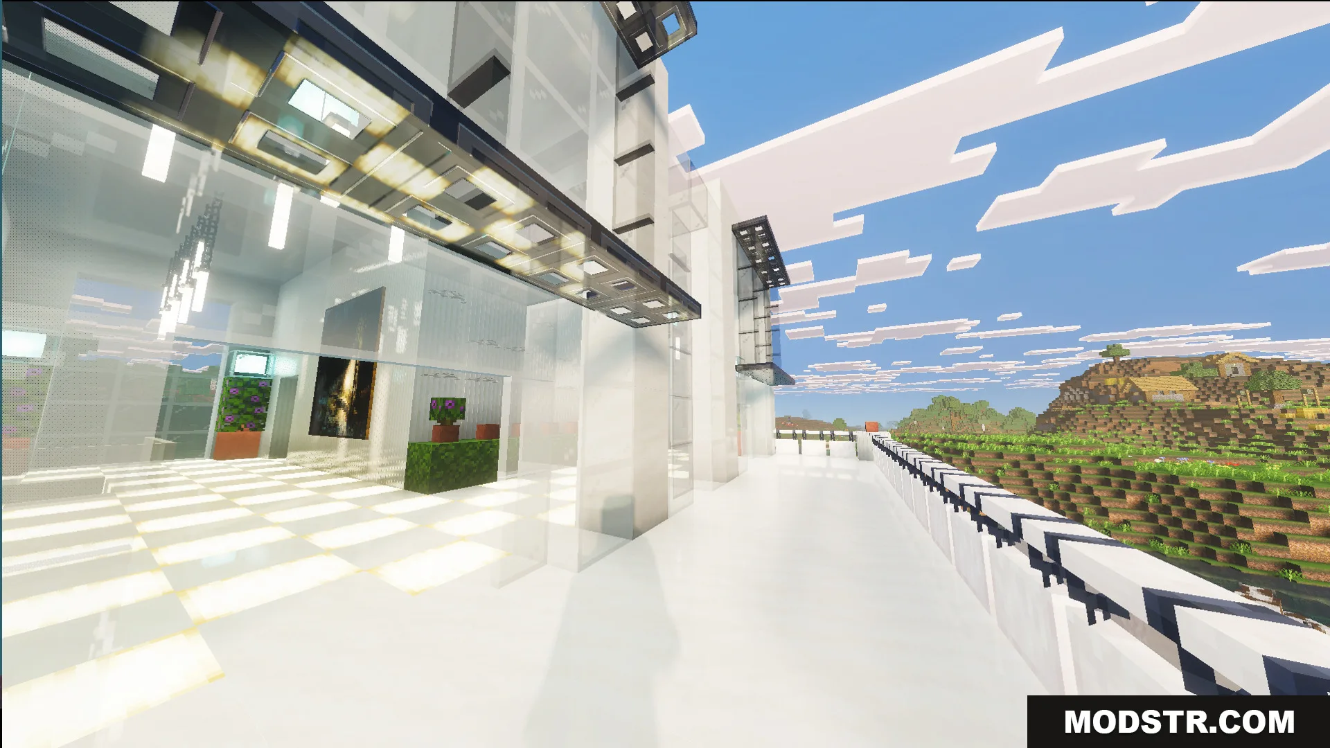 Survival Modern House 23 Map Screenshot 7 Survival Modern House Map balcony with glowing floor tiles overlooking a plains village