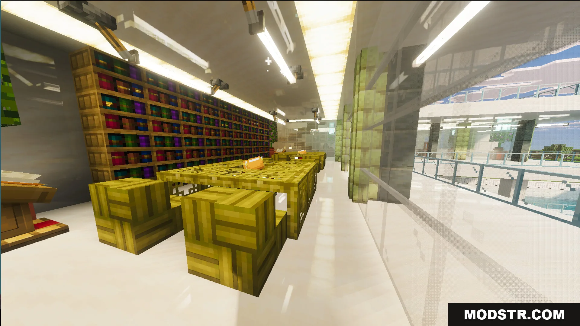 Survival Modern House 31 Map Screenshot 4 Modern library room with bookshelves and tables inside the fully furnished mansion