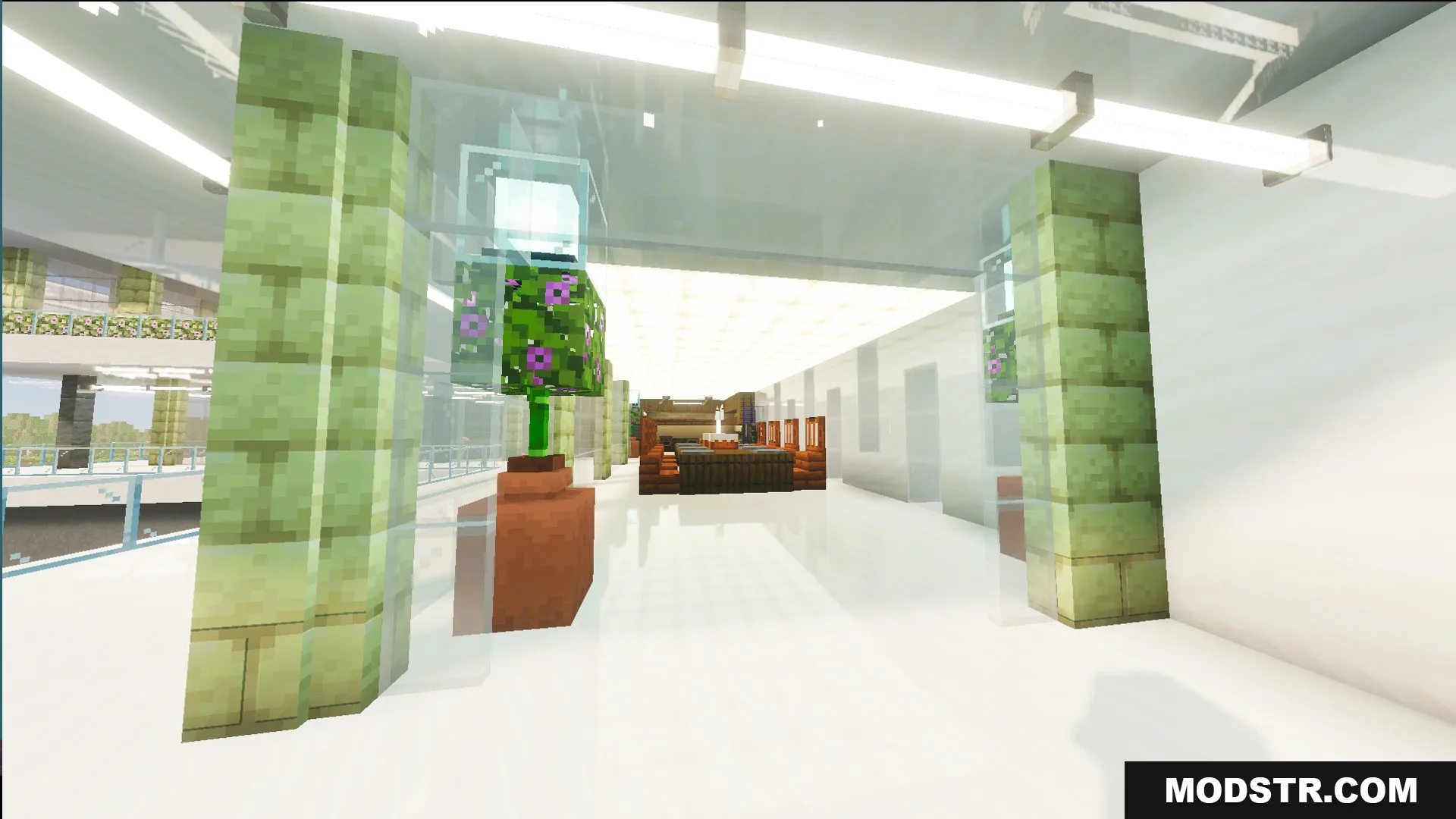 Survival Modern House 31 Map Screenshot 6 Bright interior hallway with green pillars and glass walls in the modern home