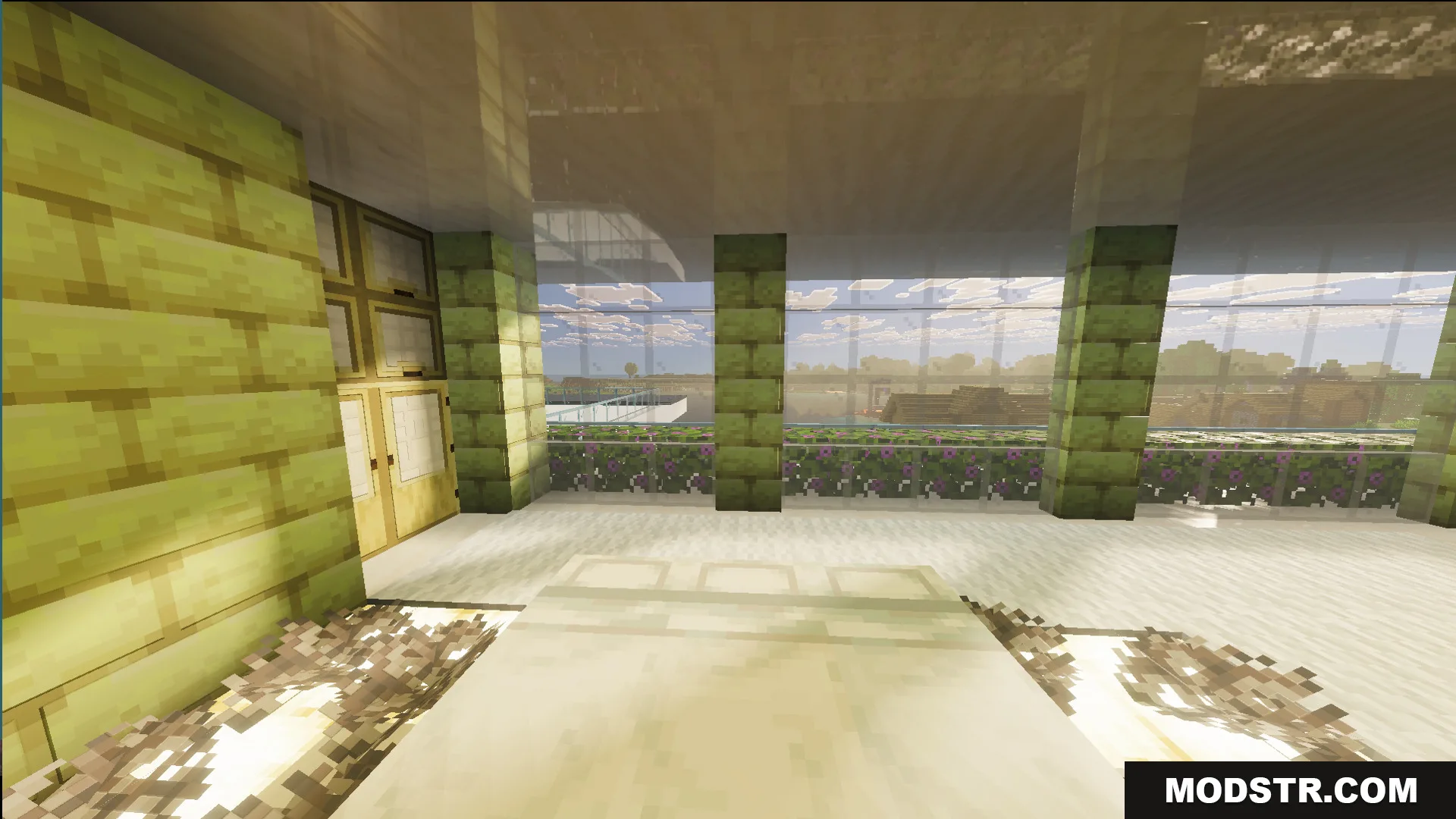 Survival Modern House 31 Map Screenshot 12 Cozy bedroom interior with a white bed and decorative green stone pillars