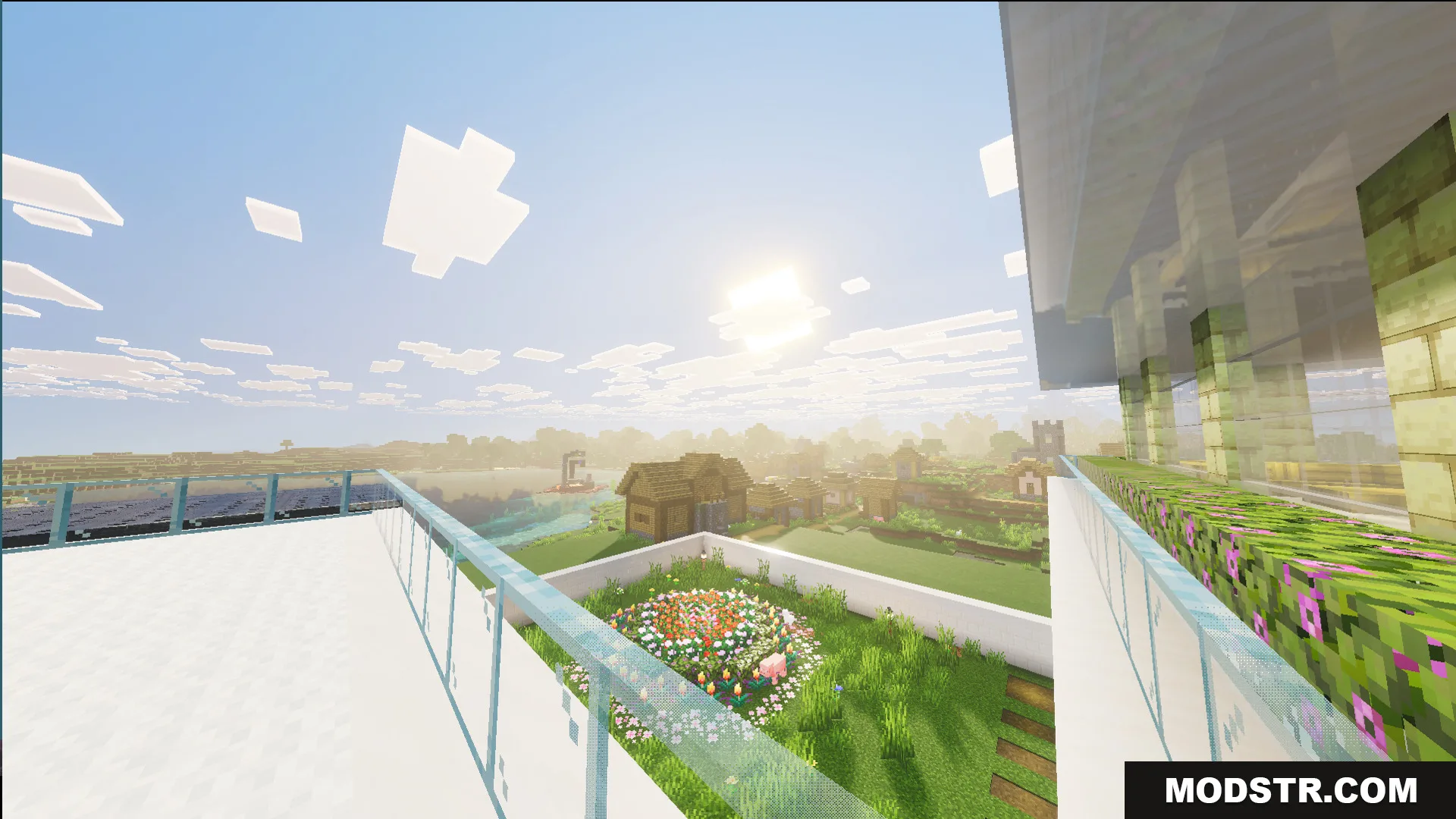 Survival Modern House 31 Map Screenshot 2 View from a glass balcony overlooking a flower garden and nearby village