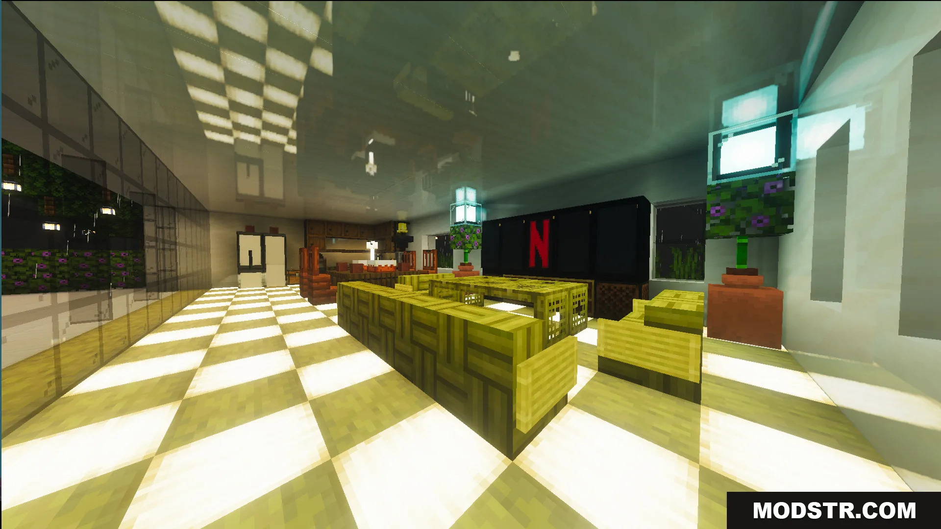 Survival Modern House 35 Map Screenshot 5 Survival Modern House 35 Map featuring a living room with bamboo furniture