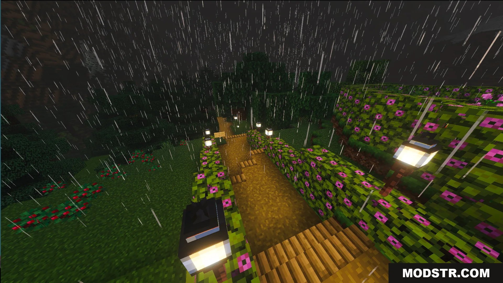 Survival Modern House 35 Map Screenshot 10 Terraced path with lanterns and pink flowering hedges in the rainy mountain biome