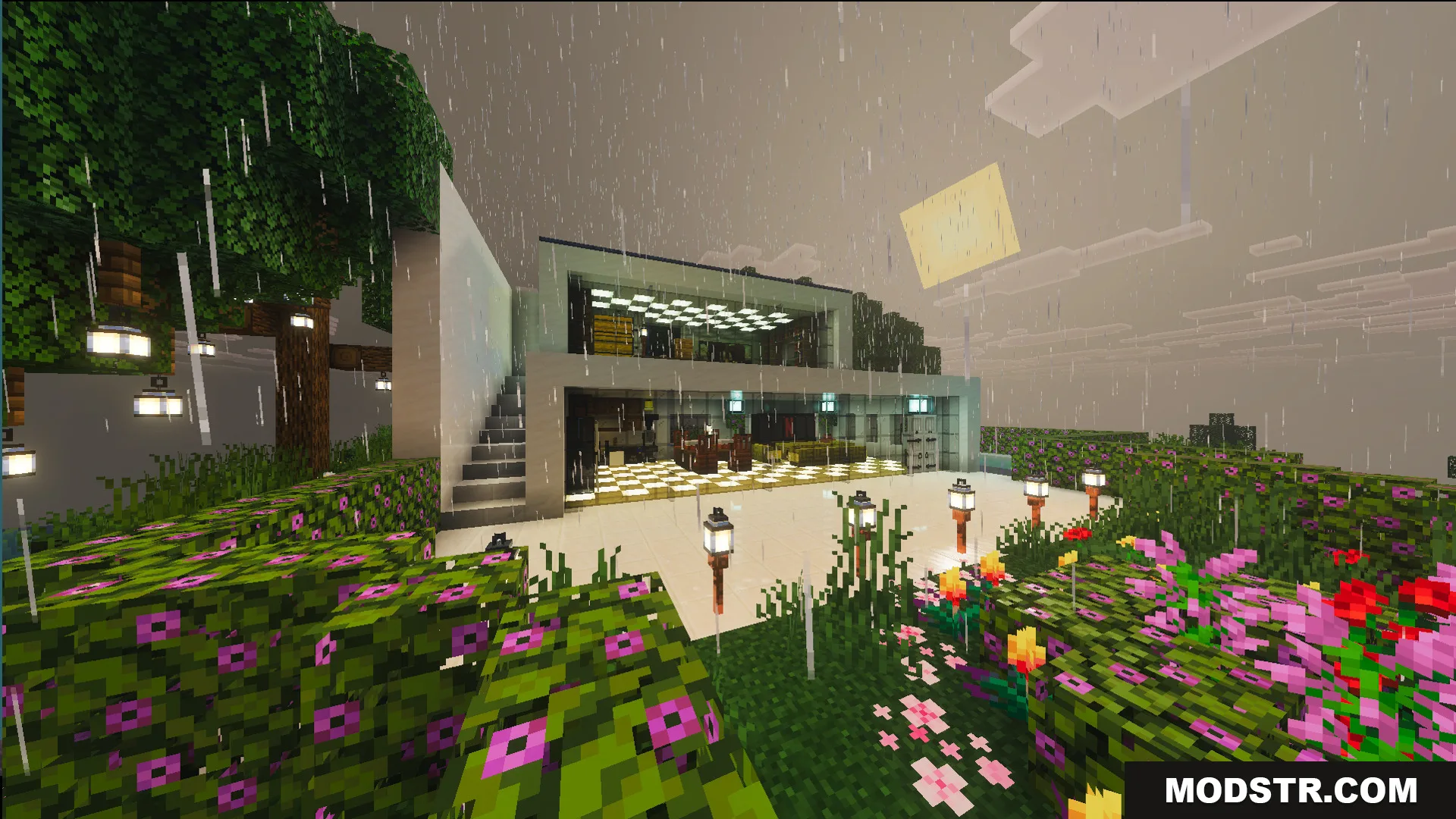 Survival Modern House 35 Map Screenshot 3 White two story building with large glass windows and complete interiors in mountain biome