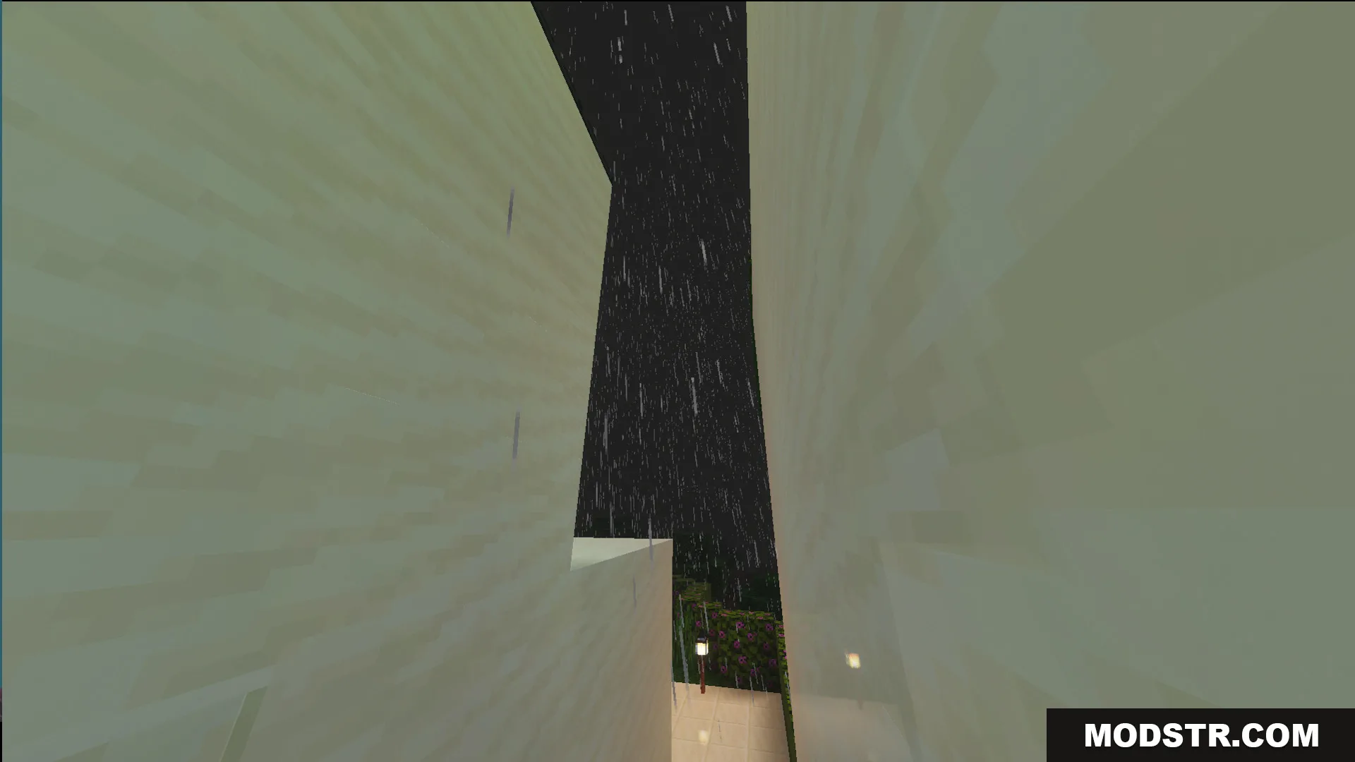 Survival Modern House 35 Map Screenshot 2 Exterior view looking up at white walls during a rainy night in Minecraft