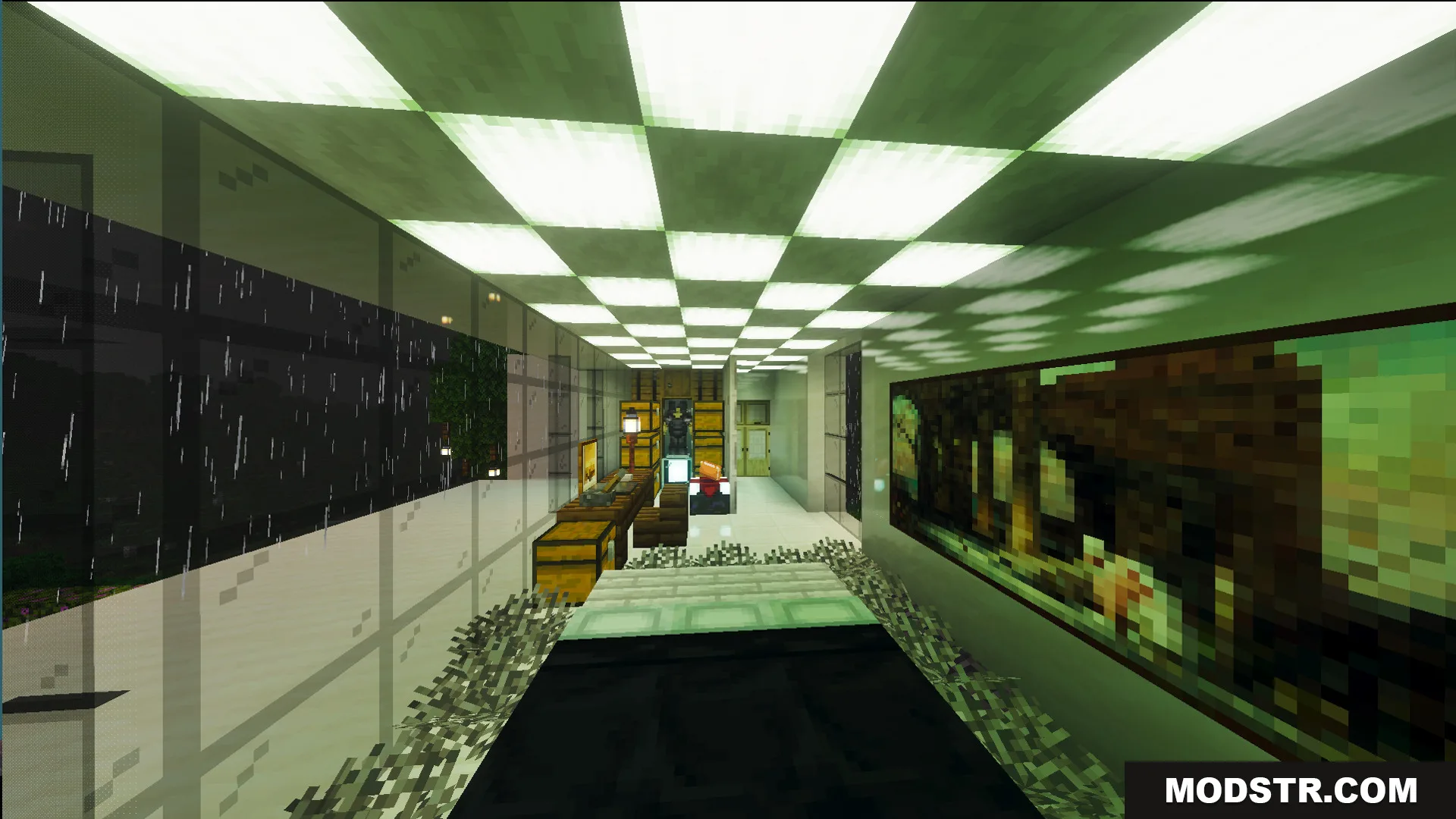Survival Modern House 35 Map Screenshot 11 Modern house interior with checkered ceiling lights and large glass windows