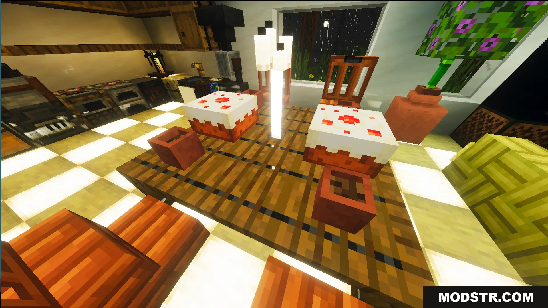 Survival Modern House 35 Map Screenshot 6 Dining table with cakes and bamboo chairs inside a cozy kitchen area