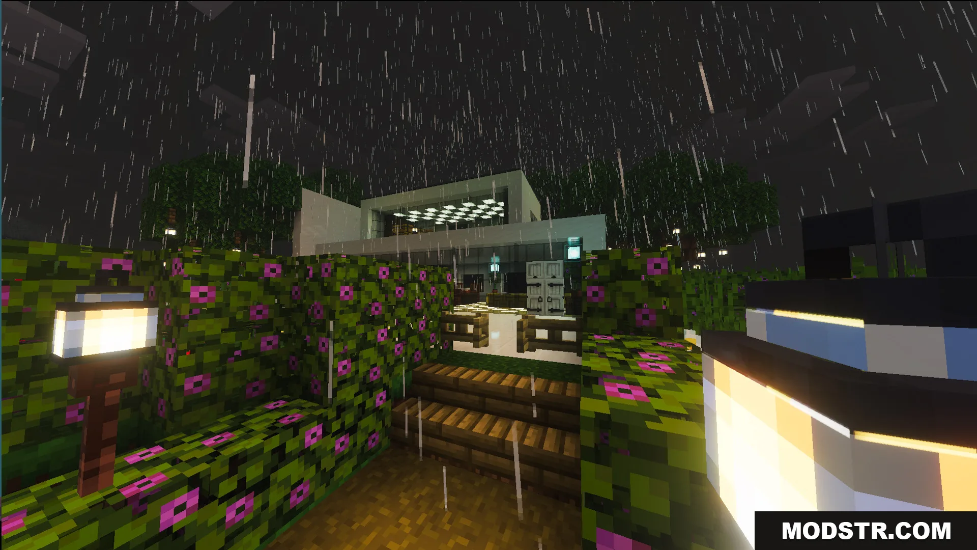Survival Modern House 35 Map Screenshot 9 Survival Modern House Map features a white building with large glass windows during rain