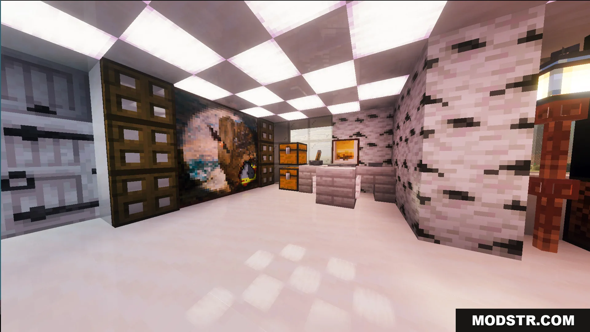 Survival Modern House 36 Map Screenshot 1 Modern interior room with a glowing checkered ceiling and birch wood walls