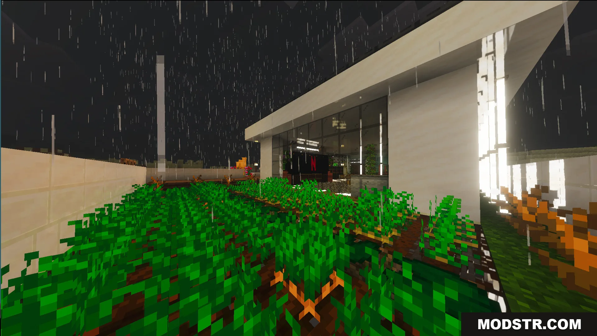 Survival Modern House 36 Map Screenshot 4 Lush garden with crops grows outside a building with large glass windows