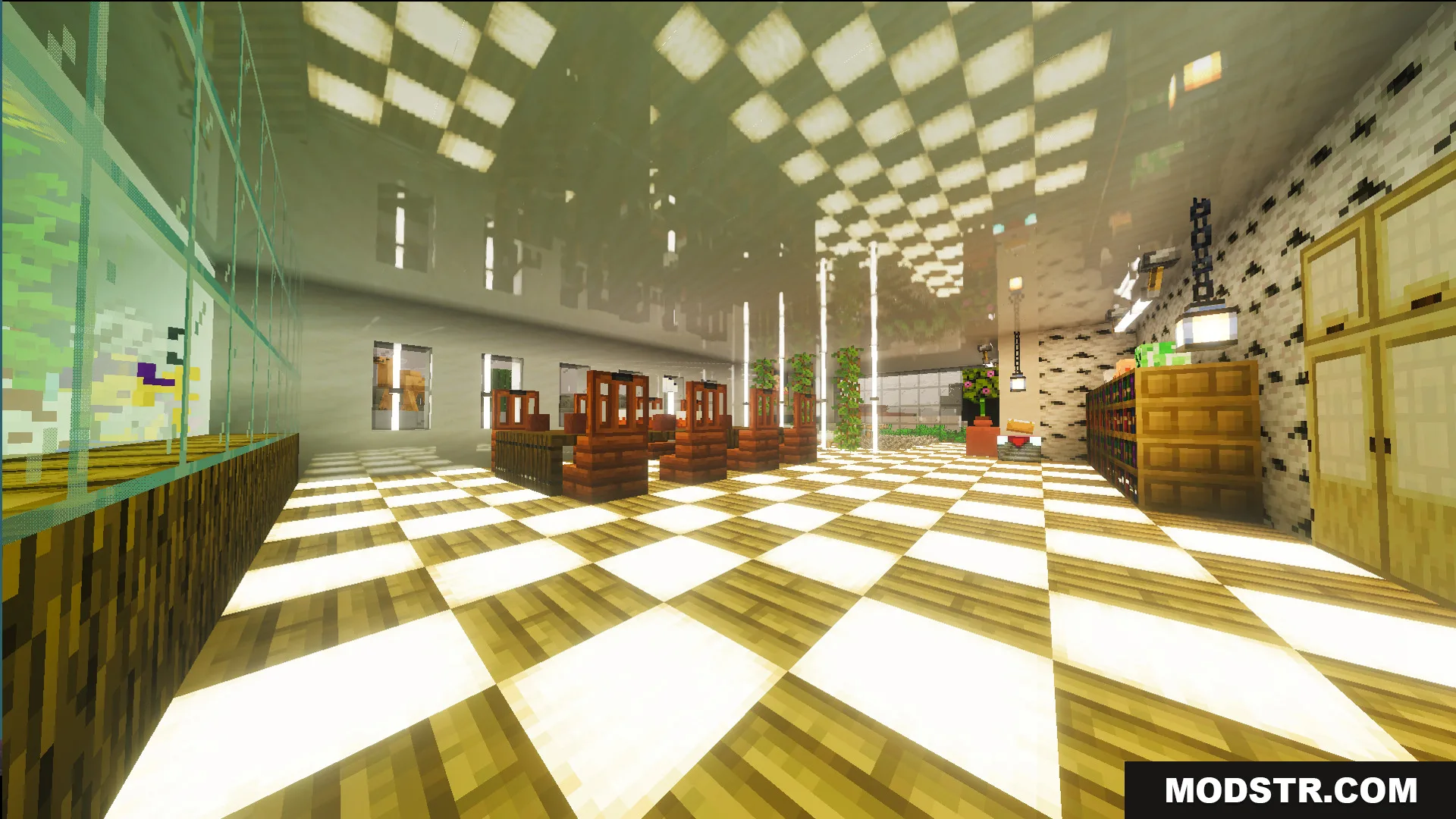 Survival Modern House 36 Map Screenshot 6 Modern kitchen interior with a glowing checkered floor and wooden dining furniture
