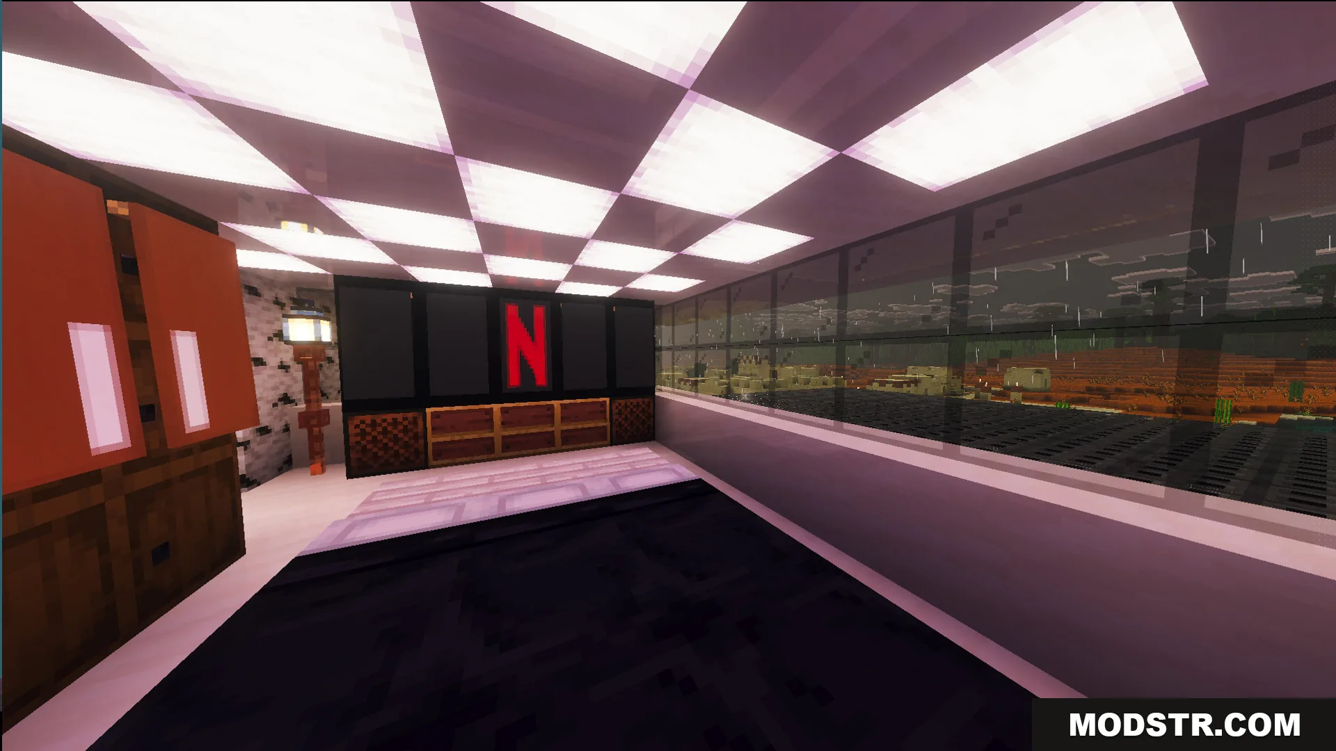 Survival Modern House 36 Map Screenshot 10 Modern bedroom with a large black television overlooking a rainy desert biome