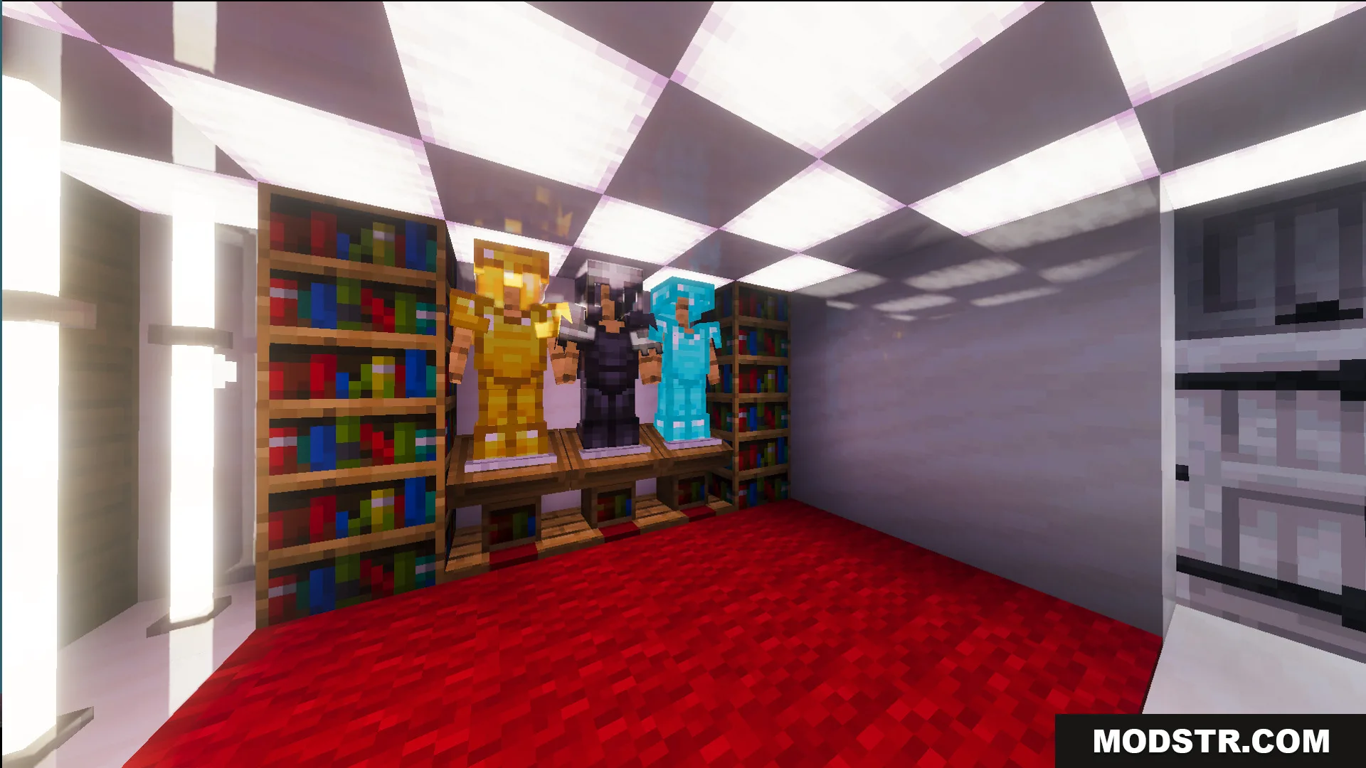 Survival Modern House 36 Map Screenshot 8 Three armor stands with gear sets placed between bookshelves on a red carpet