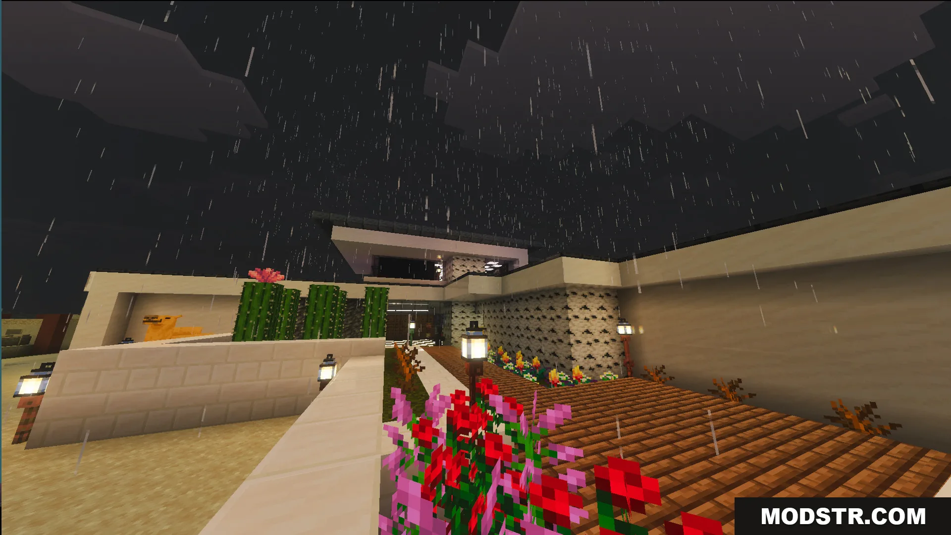 Survival Modern House 36 Map Screenshot 5 Survival Modern House 36 Map exterior with a cactus garden during the rain