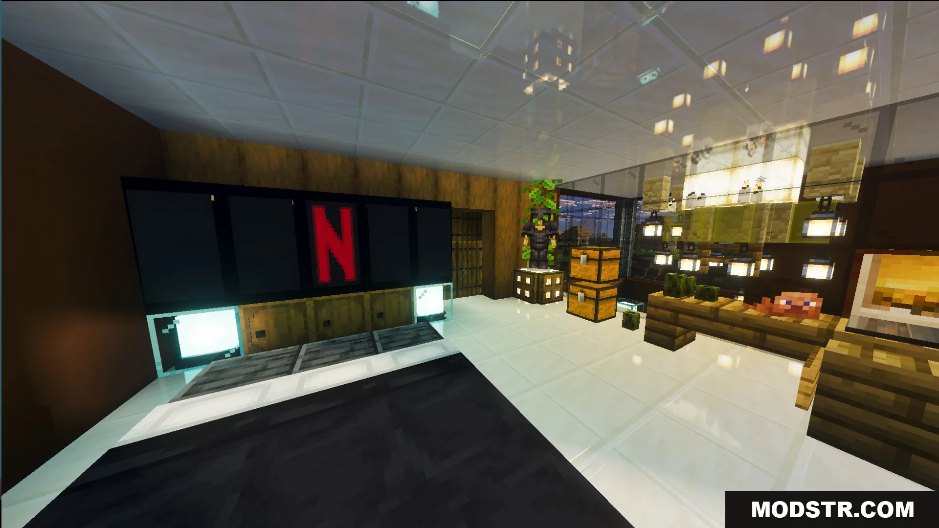 Modern bedroom featuring a large screen with Netflix logo and storage chests