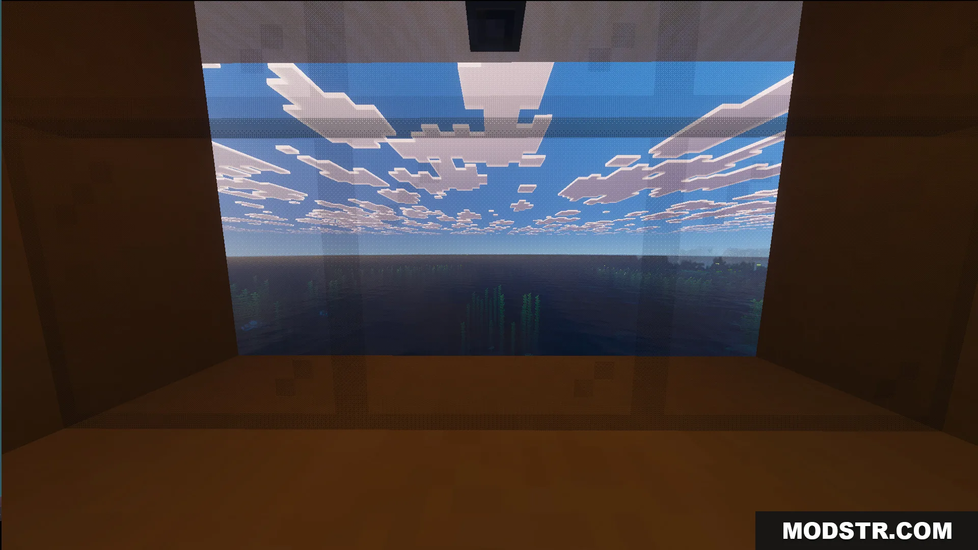 Scenic view of the plains biome landscape through a large glass window