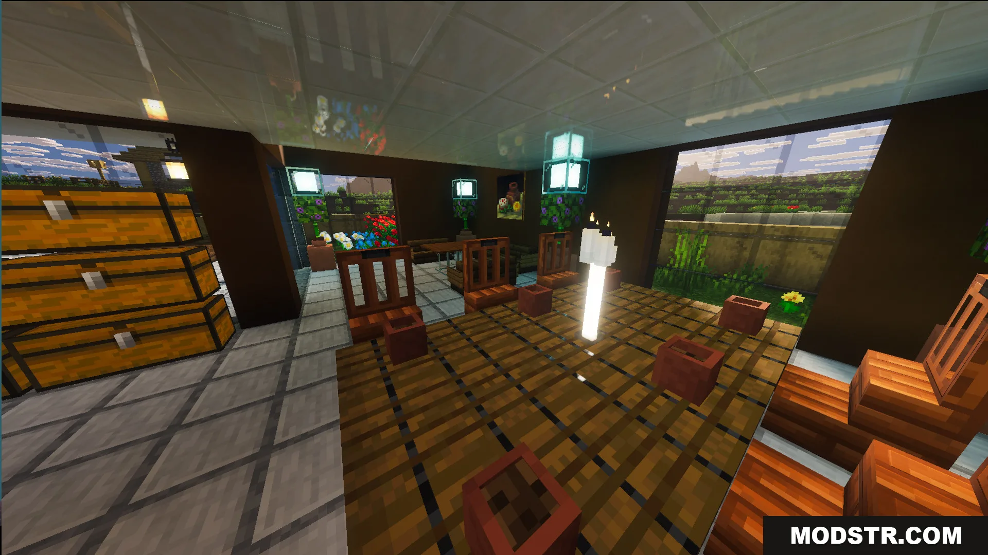 Interior of Survival Modern House 41 with a dining table and storage chests