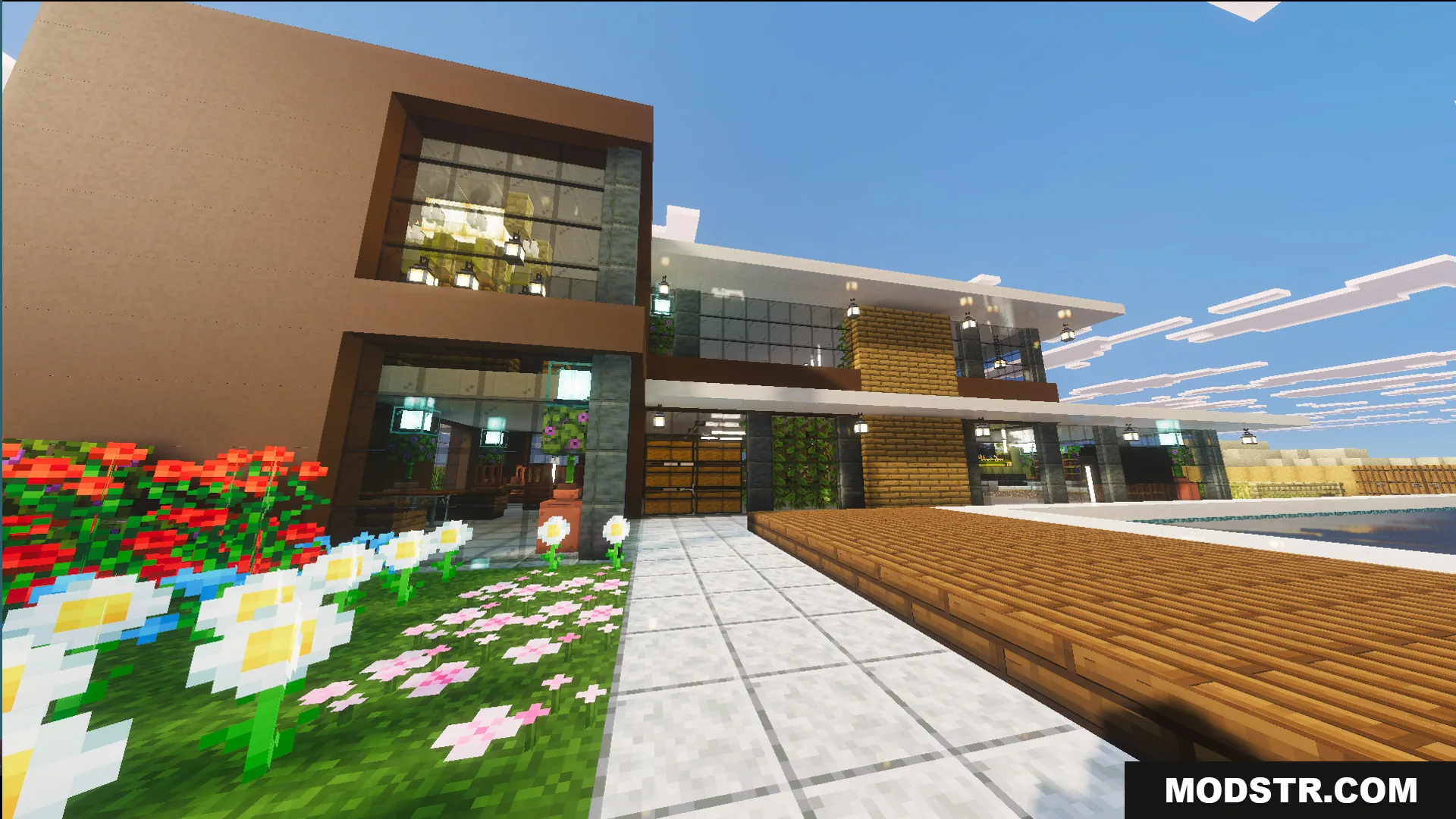Survival Modern House Map features a stylish home with colorful flowers