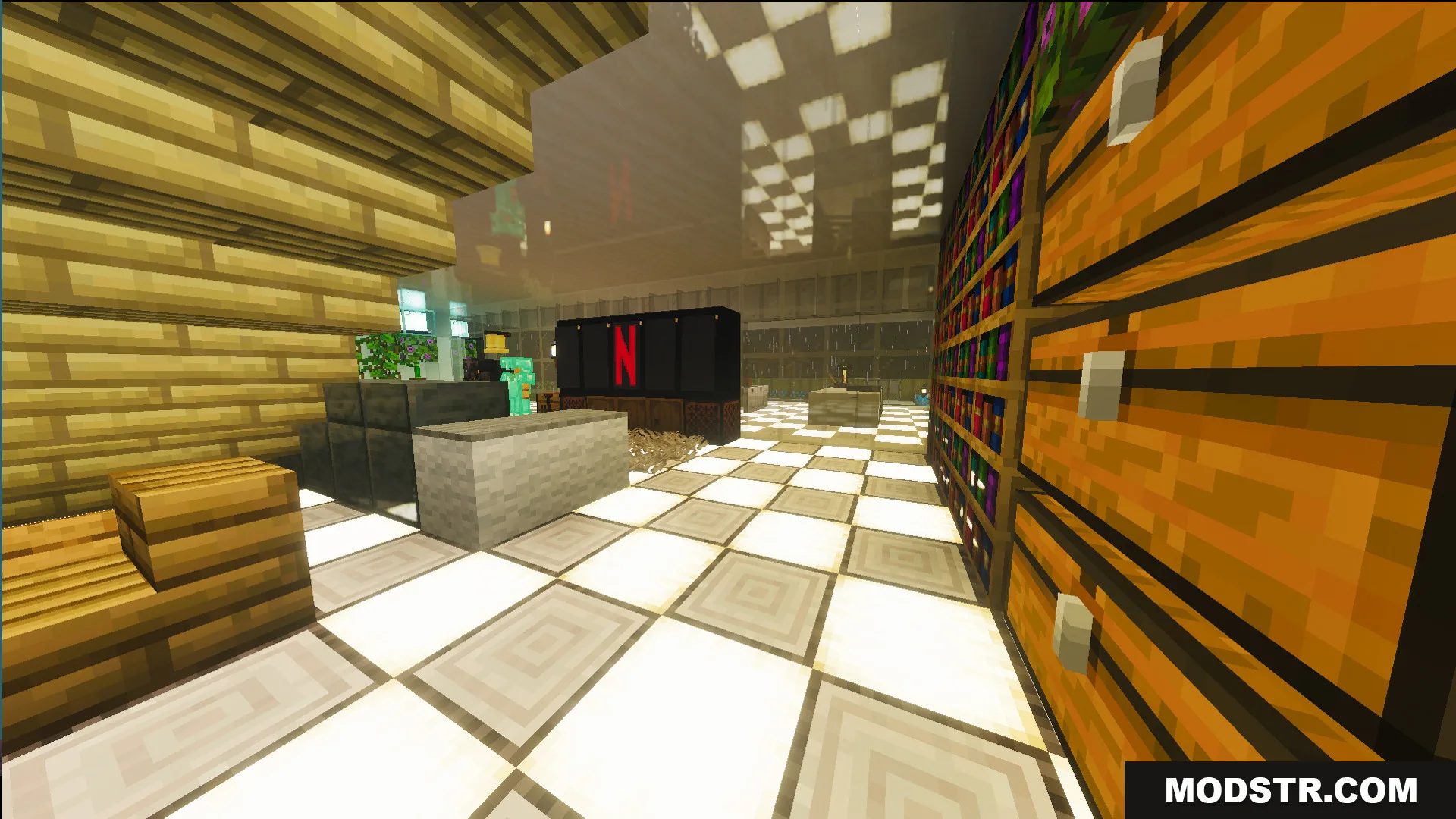 Survival Modern House 42 Map Screenshot 6 Modern living room area with bookshelves and a large television screen