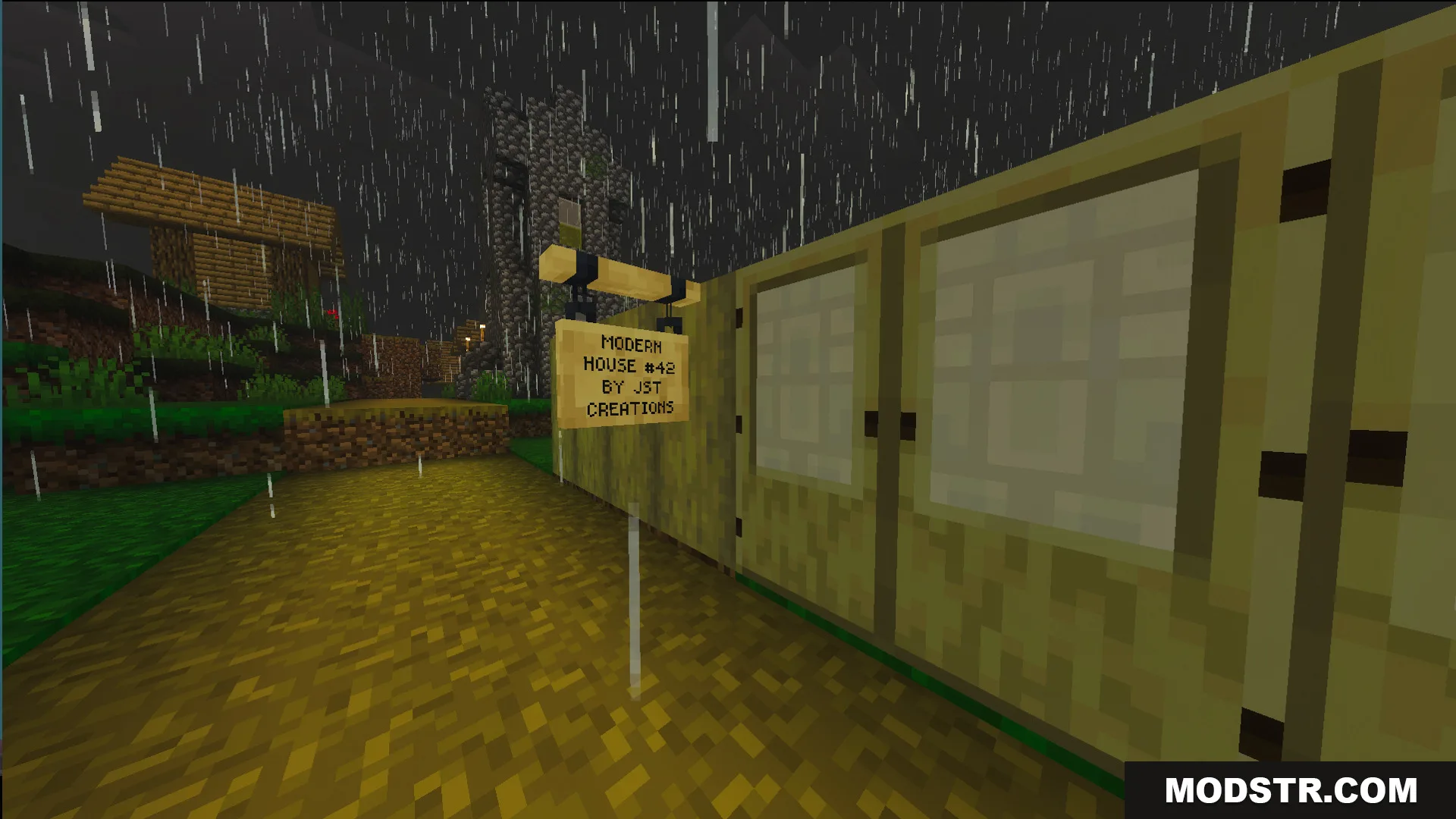 Survival Modern House 42 Map Screenshot 2 Wooden sign for Survival Modern House 42 Map next to a village