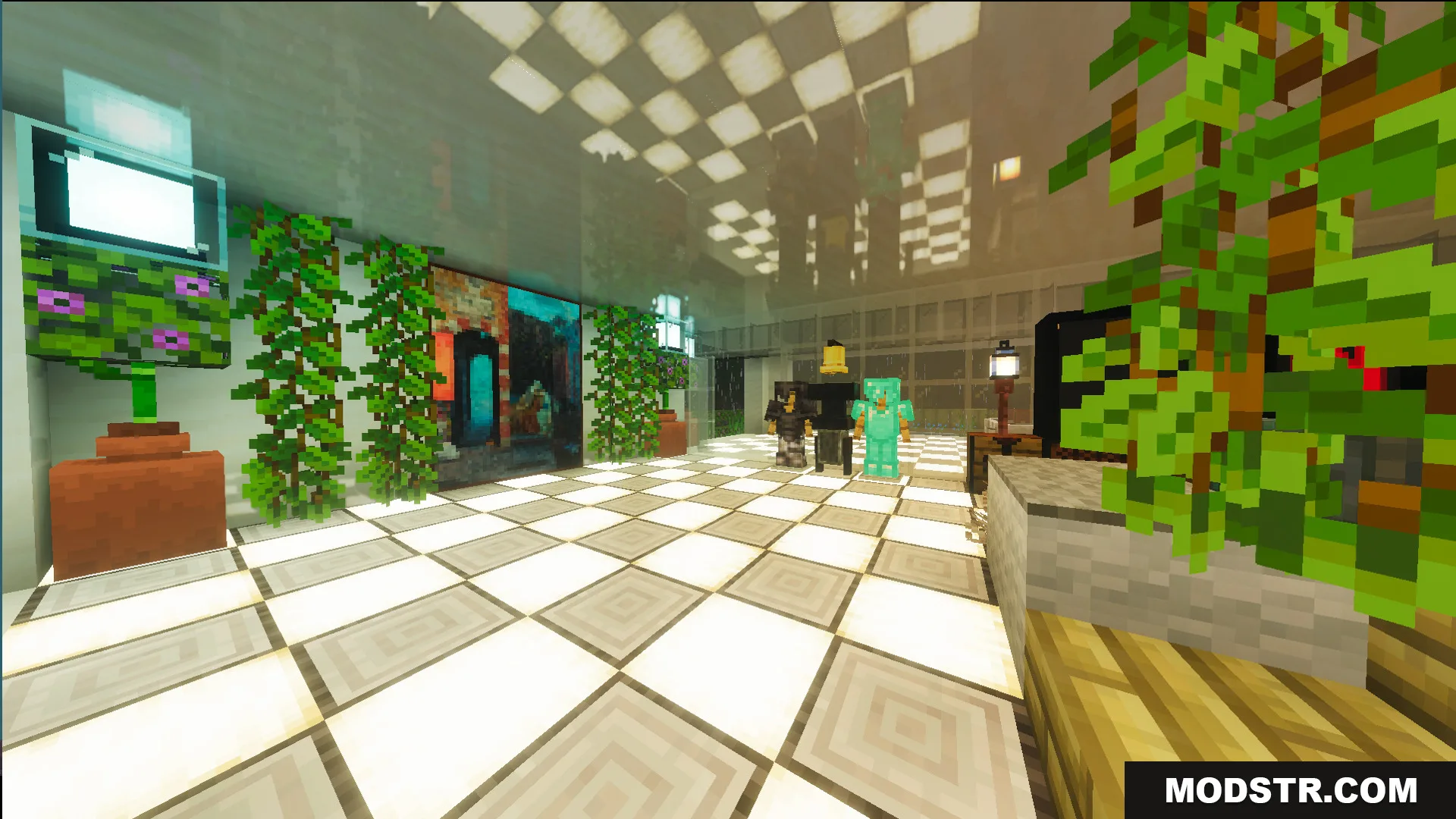 Survival Modern House 42 Map Screenshot 7 Survival Modern House 42 Map interior featuring glowing checkered floor tiles and plants
