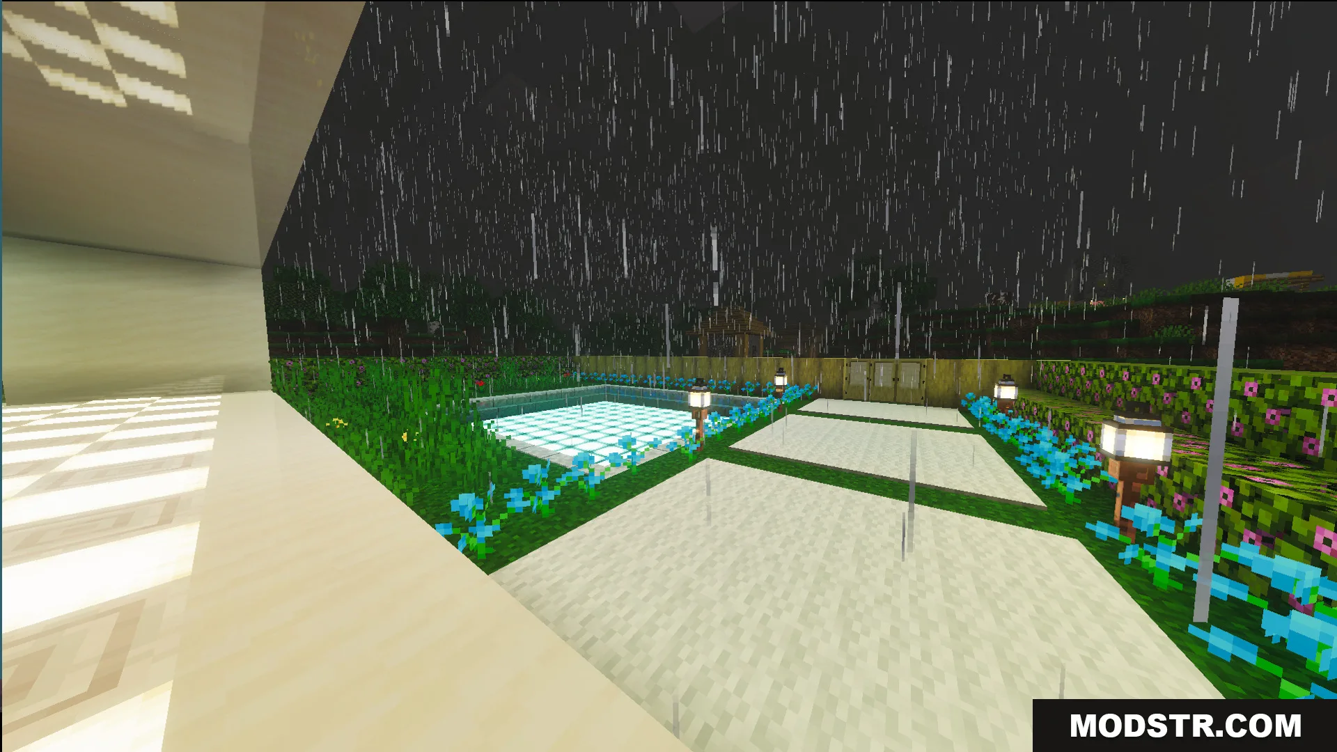 Survival Modern House 42 Map Screenshot 3 Outdoor patio area with a glowing pool and blue flowers in the rain