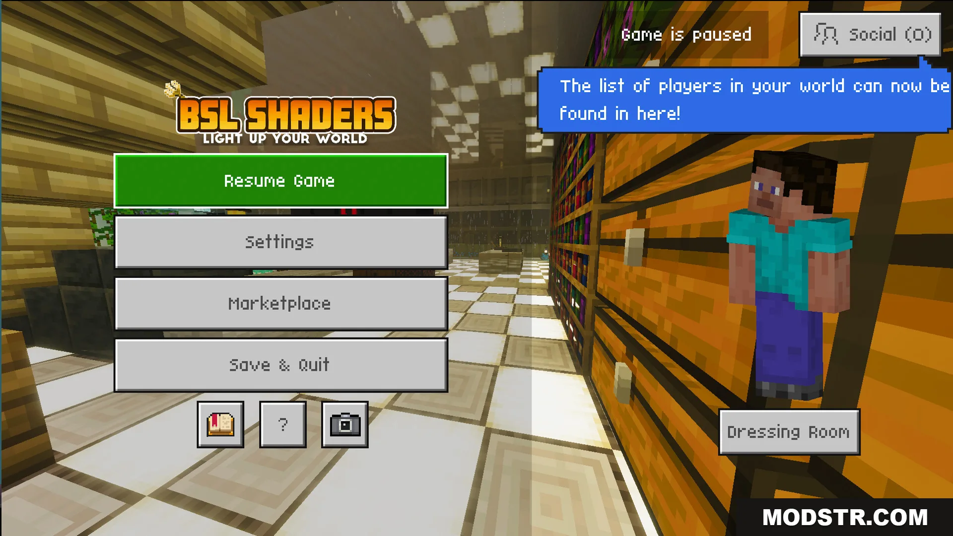 Survival Modern House 42 Map Screenshot 8 The game pause menu displays the player character standing beside a large bookshelf