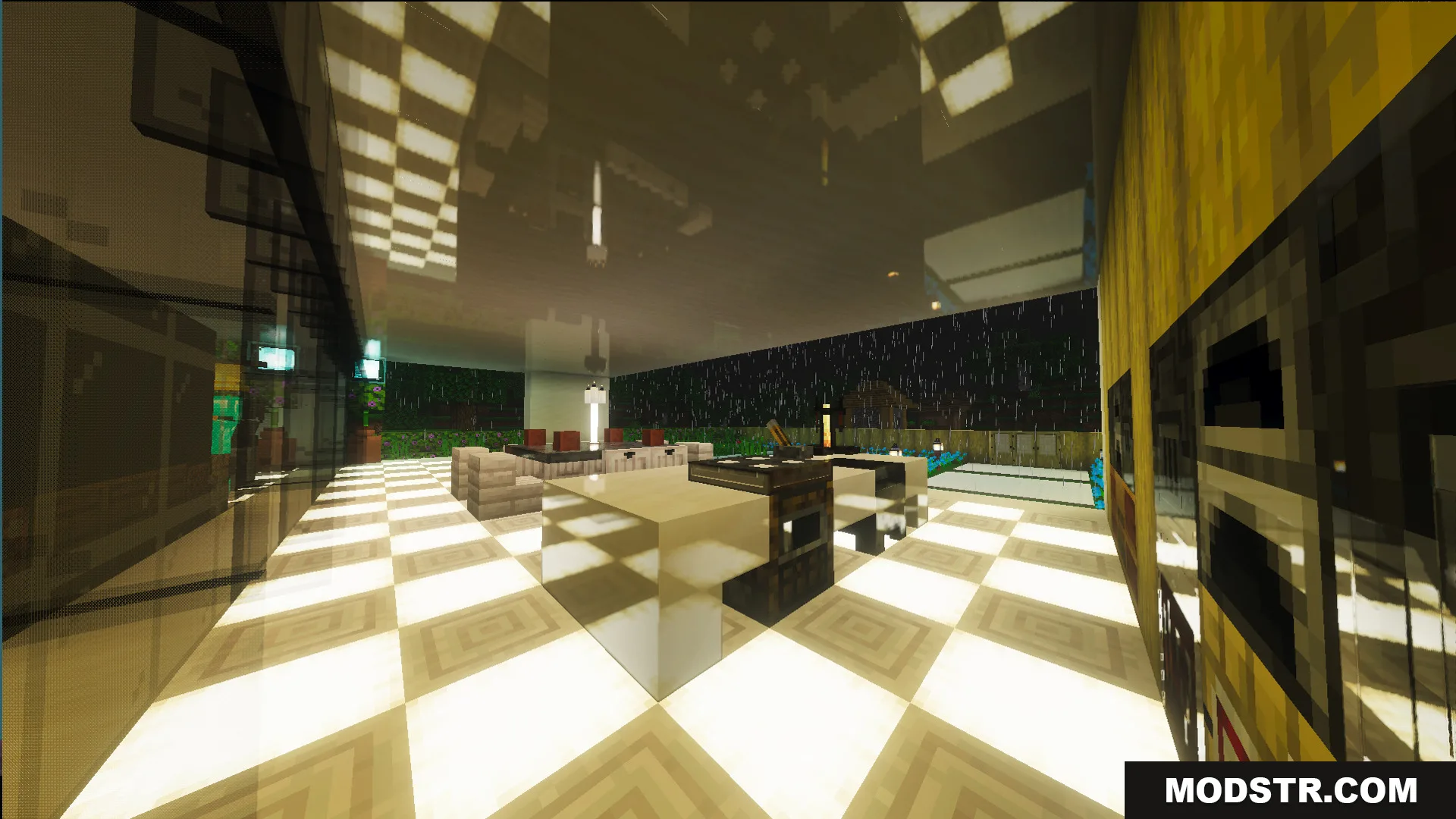 Survival Modern House 42 Map Screenshot 5 Survival Modern House 42 Map interior with glowing floor tiles and rain