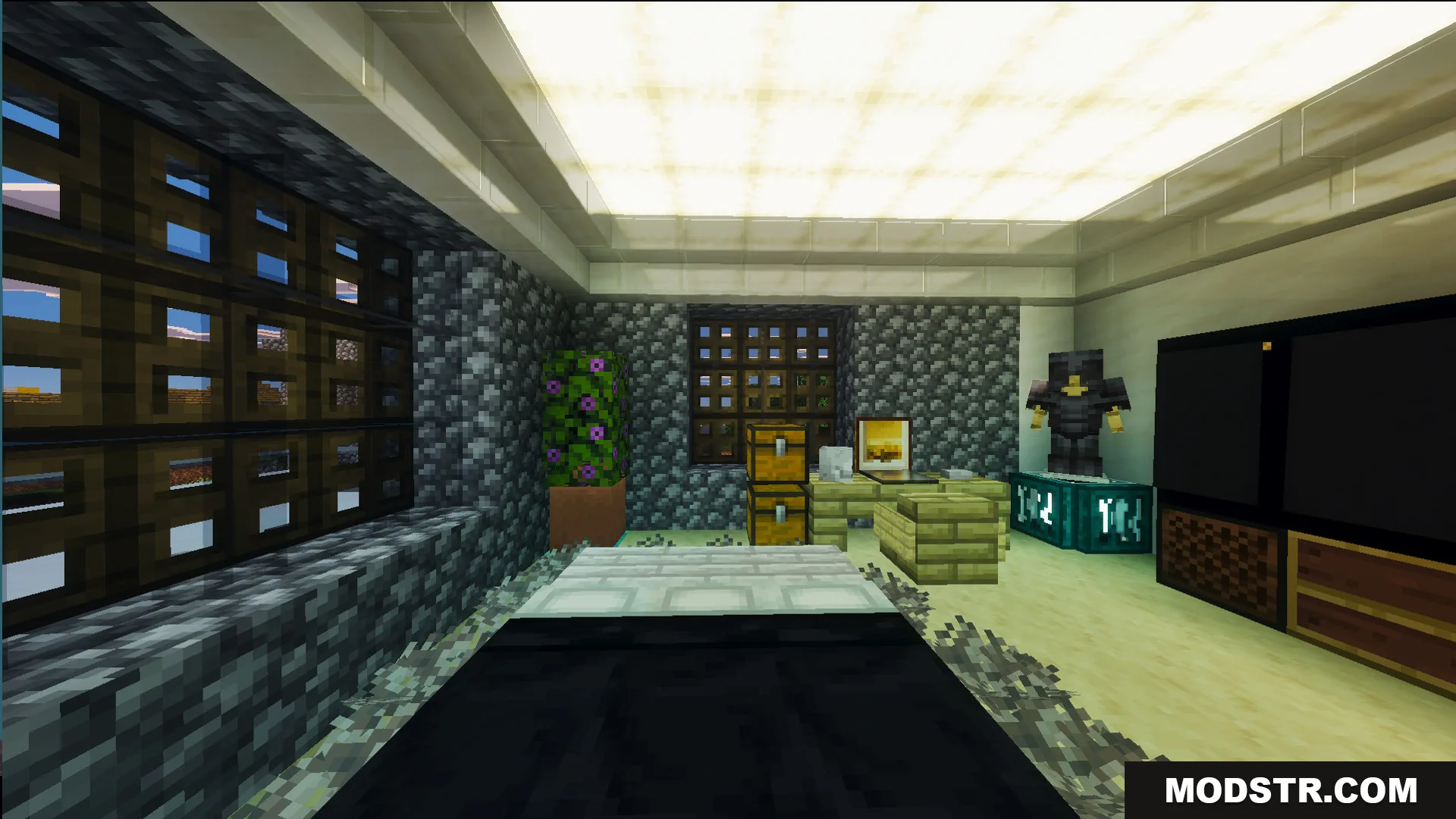 Survival Modern House 44 Map Screenshot 12 Fully decorated interior with a large screen and glowing ceiling blocks