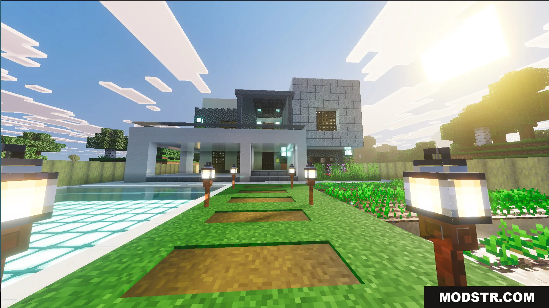 Survival Modern House 44 Map Screenshot 5 Modern white villa with a garden path and swimming pool in the plains