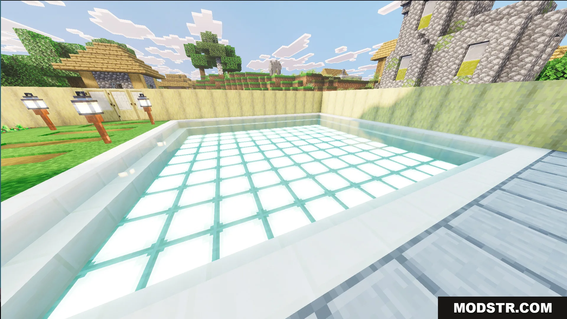 Survival Modern House 44 Map Screenshot 6 Private swimming pool with glowing blocks located next to a lively village