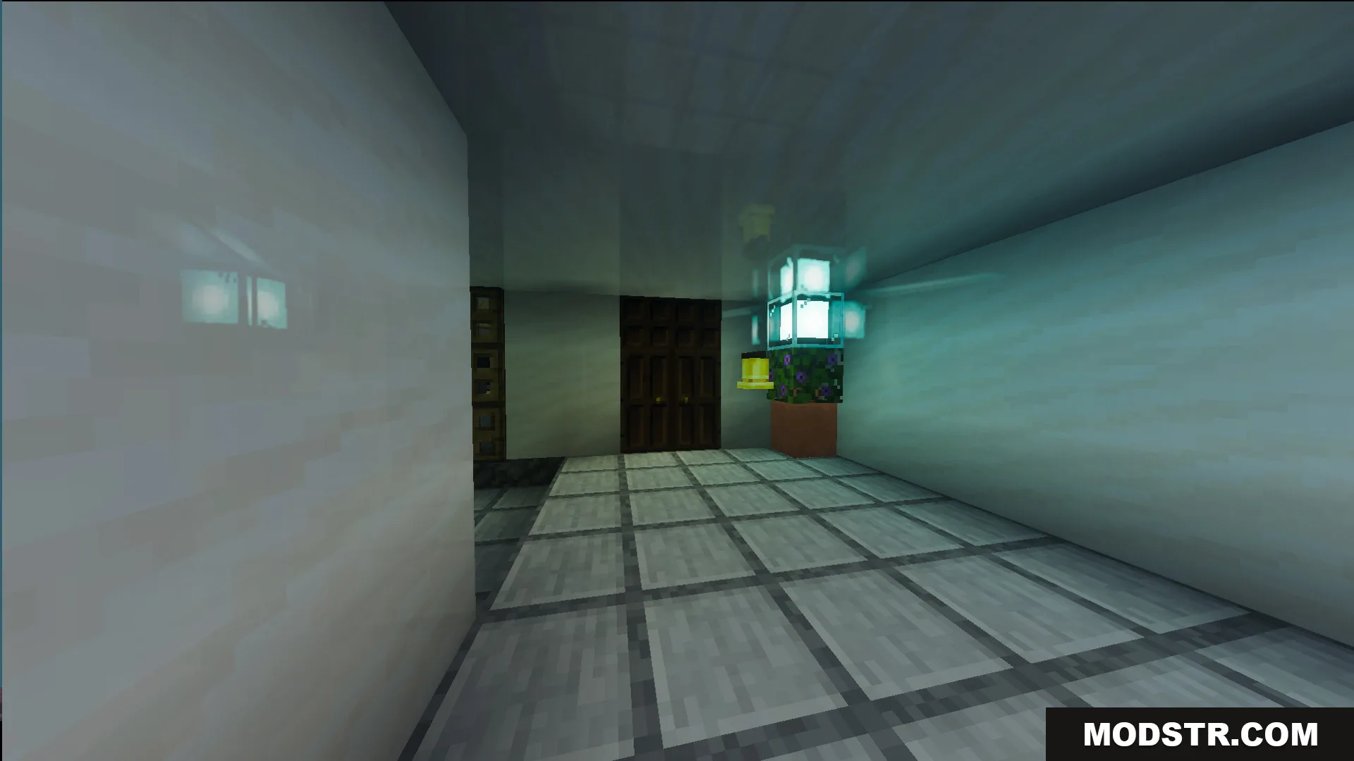 Survival Modern House 44 Map Screenshot 8 Modern interior featuring white walls tiled floors and a glowing decorative light block