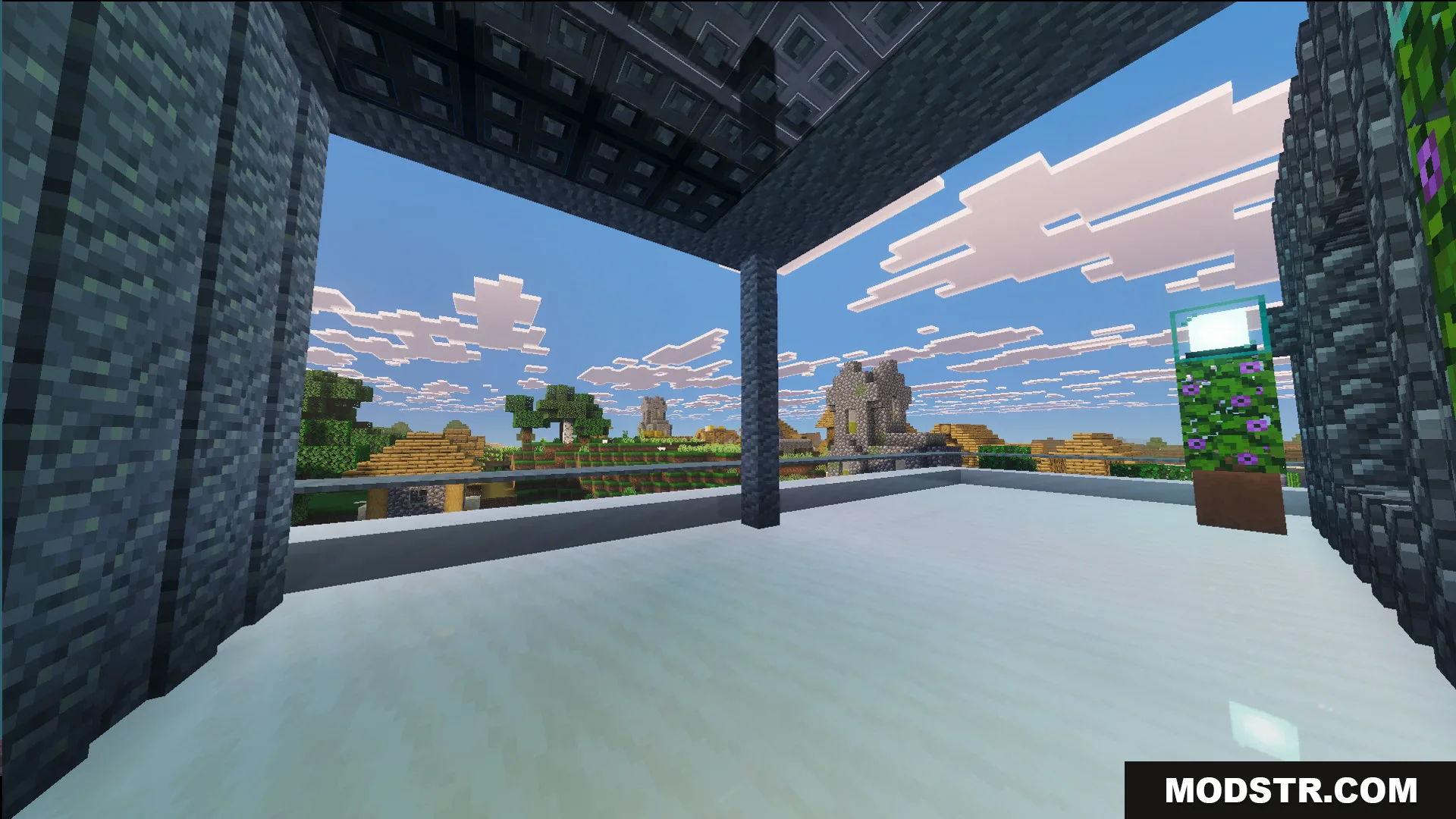 Survival Modern House 44 Map Screenshot 1 Modern balcony overlooking a village in the plains biome with glass railings