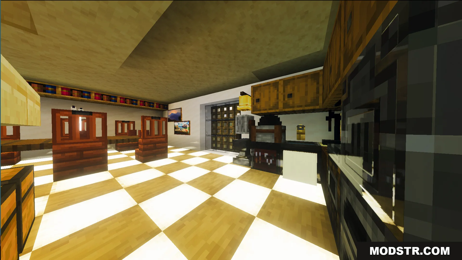 Survival Modern House 44 Map Screenshot 2 Modern house interior featuring checkered floors and a large screen on the wall