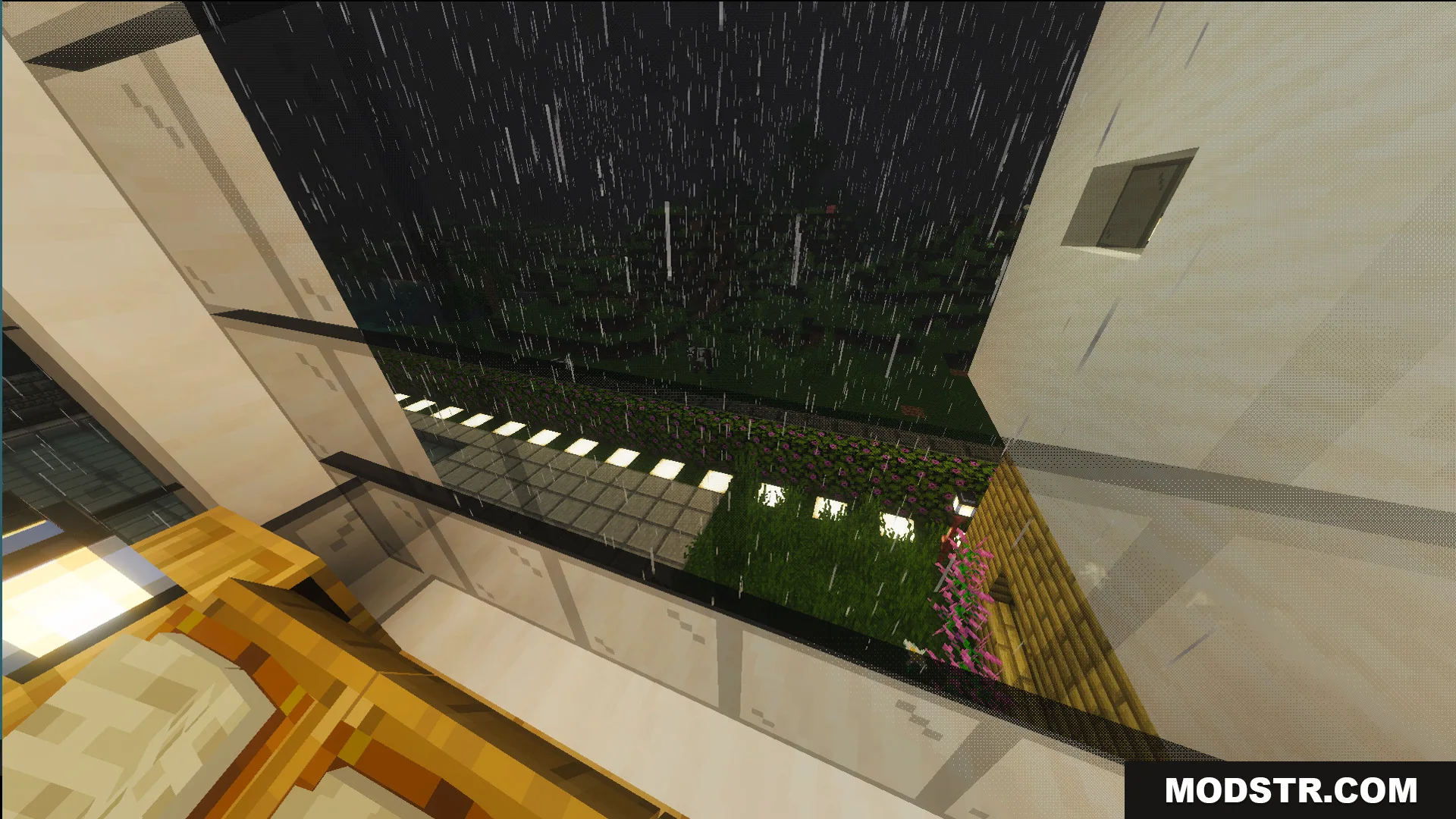 Survival Modern House 6 Map Screenshot 9 Rain falls outside a modern house balcony overlooking a garden with bright lights