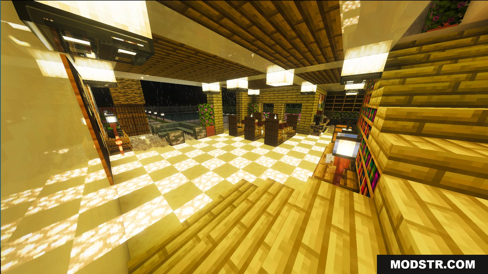 Survival Modern House 6 Map Screenshot 5 Survival Modern House Map interior with bookshelves and bright hanging lanterns