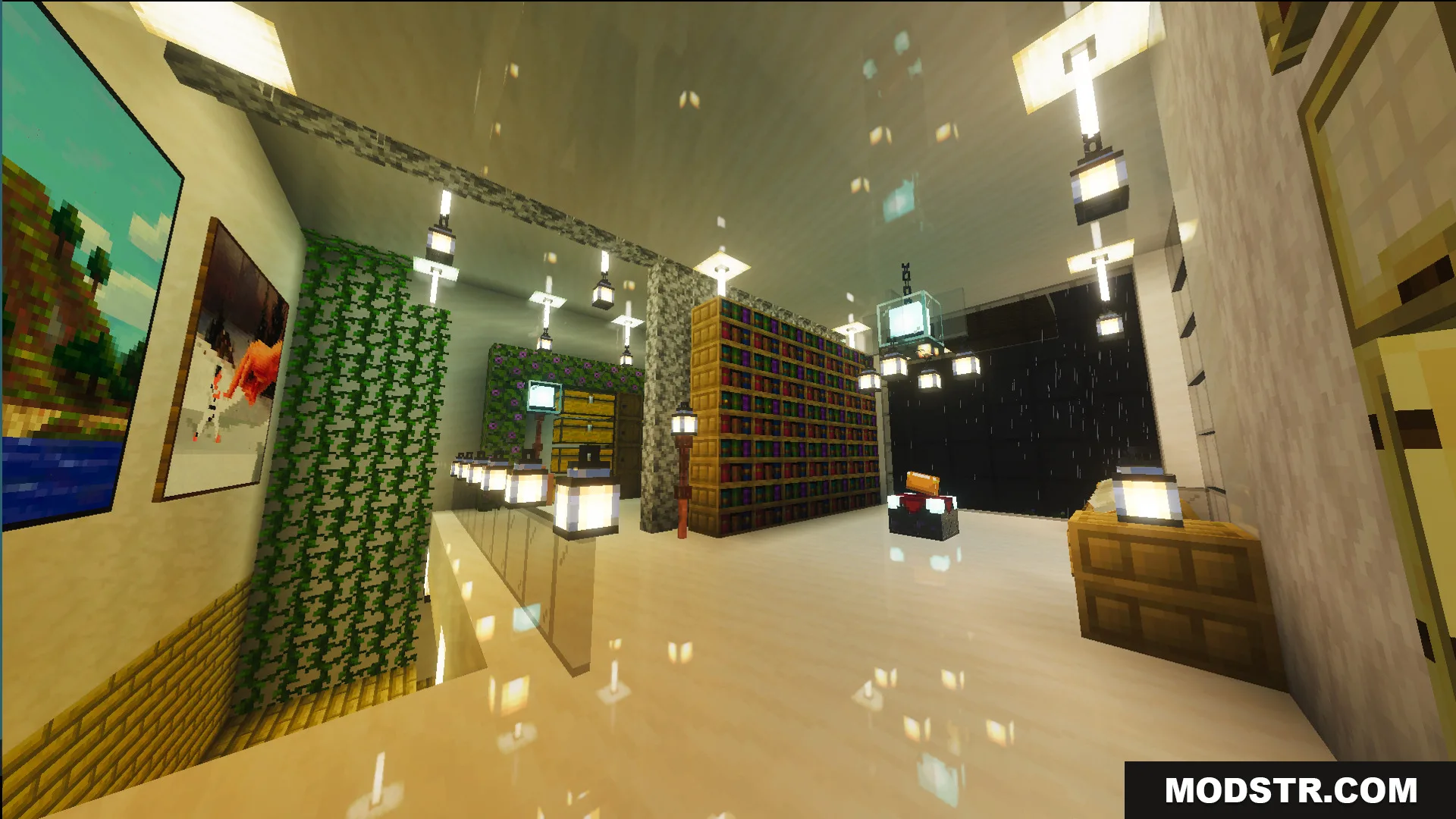 Survival Modern House 6 Map Screenshot 1 Interior of Survival Modern House 6 Map with bookshelves and hanging lanterns