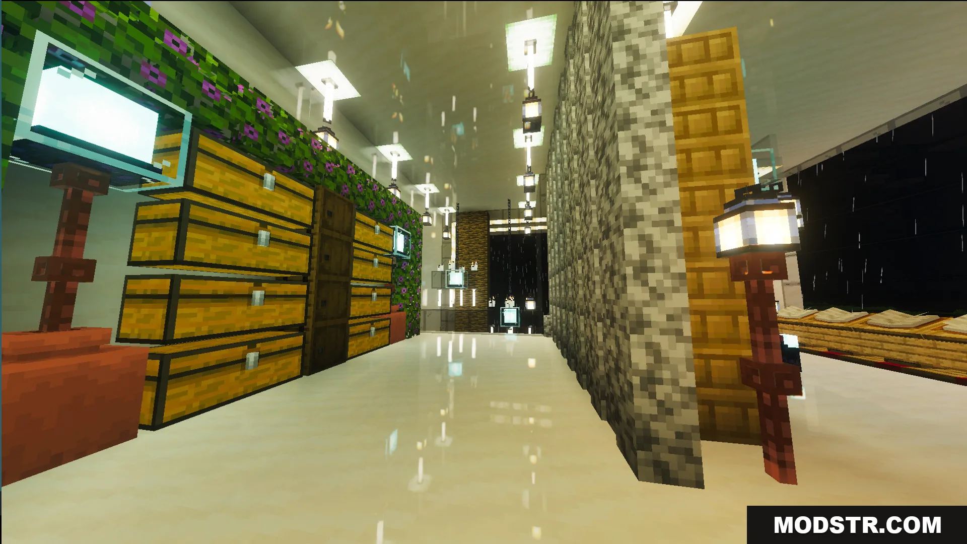 Survival Modern House 6 Map Screenshot 3 Survival Modern House 6 Map interior featuring stacked chests and bright hanging lanterns