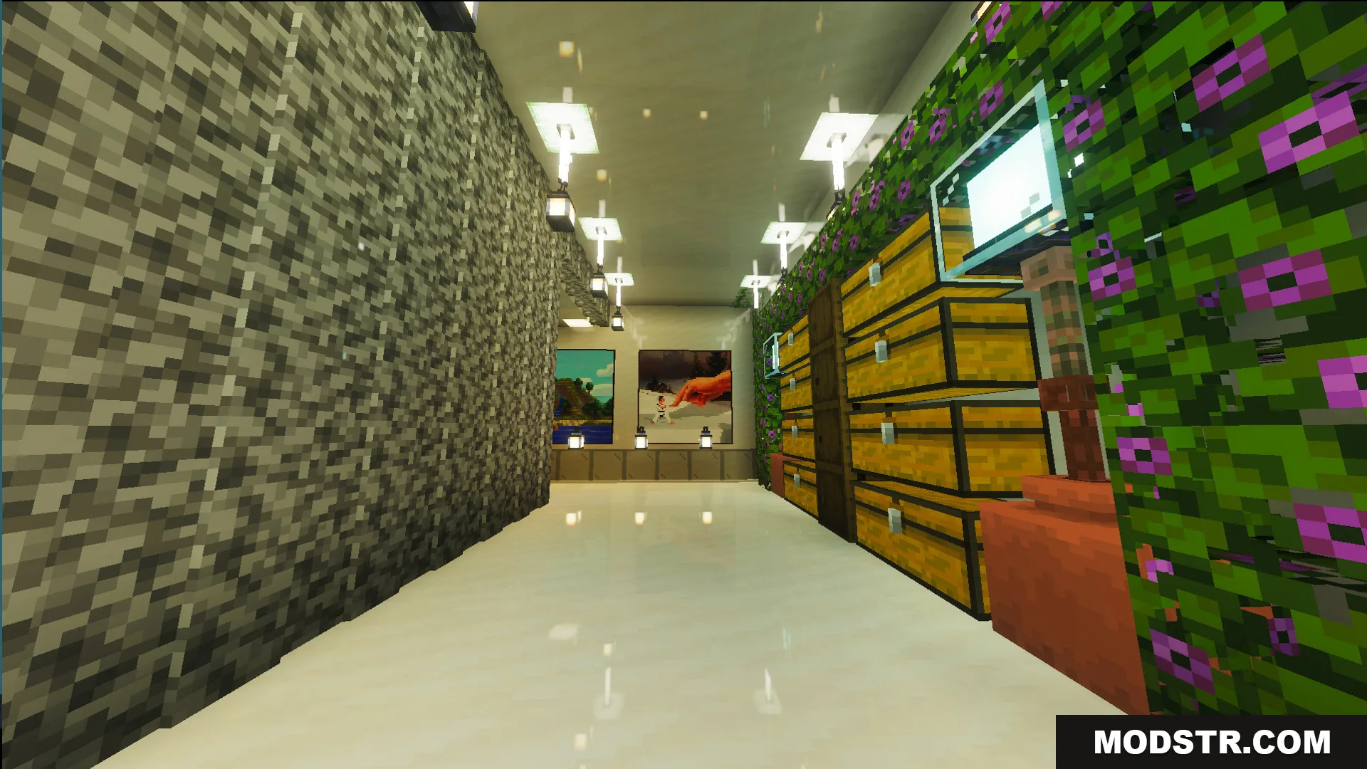 Survival Modern House 6 Map Screenshot 10 Interior of Survival Modern House Map with storage chests and hanging lanterns