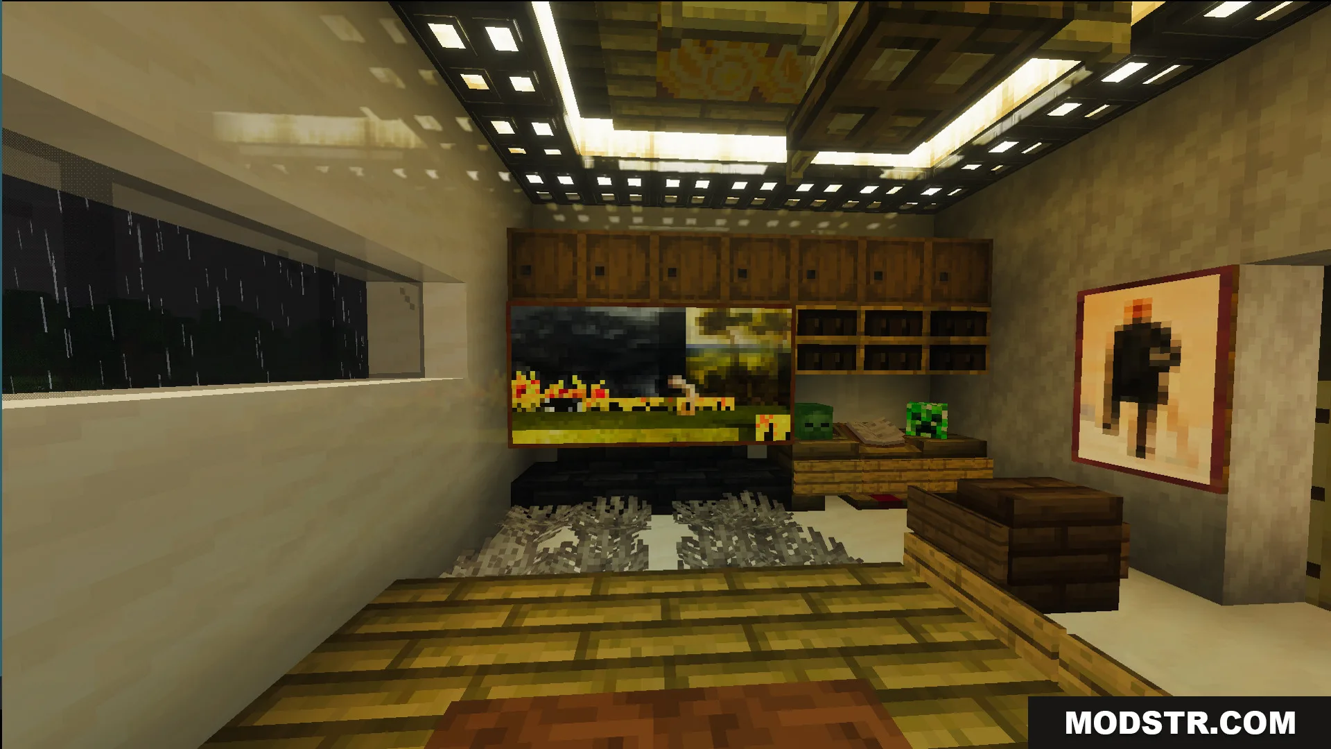 Survival Modern House 6 Map Screenshot 11 Modern house interior with bookshelves chests and large glass windows under bright lanterns