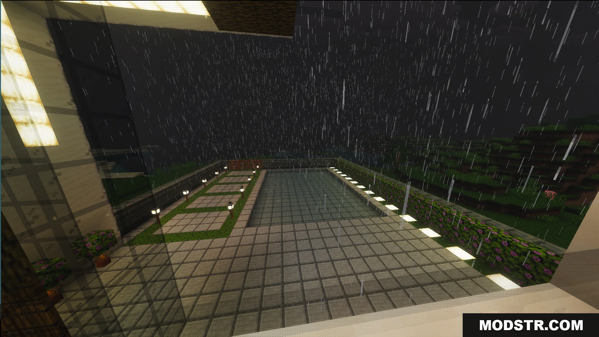 Survival Modern House 6 Map Screenshot 4 Outdoor swimming pool and garden area seen through a window at night