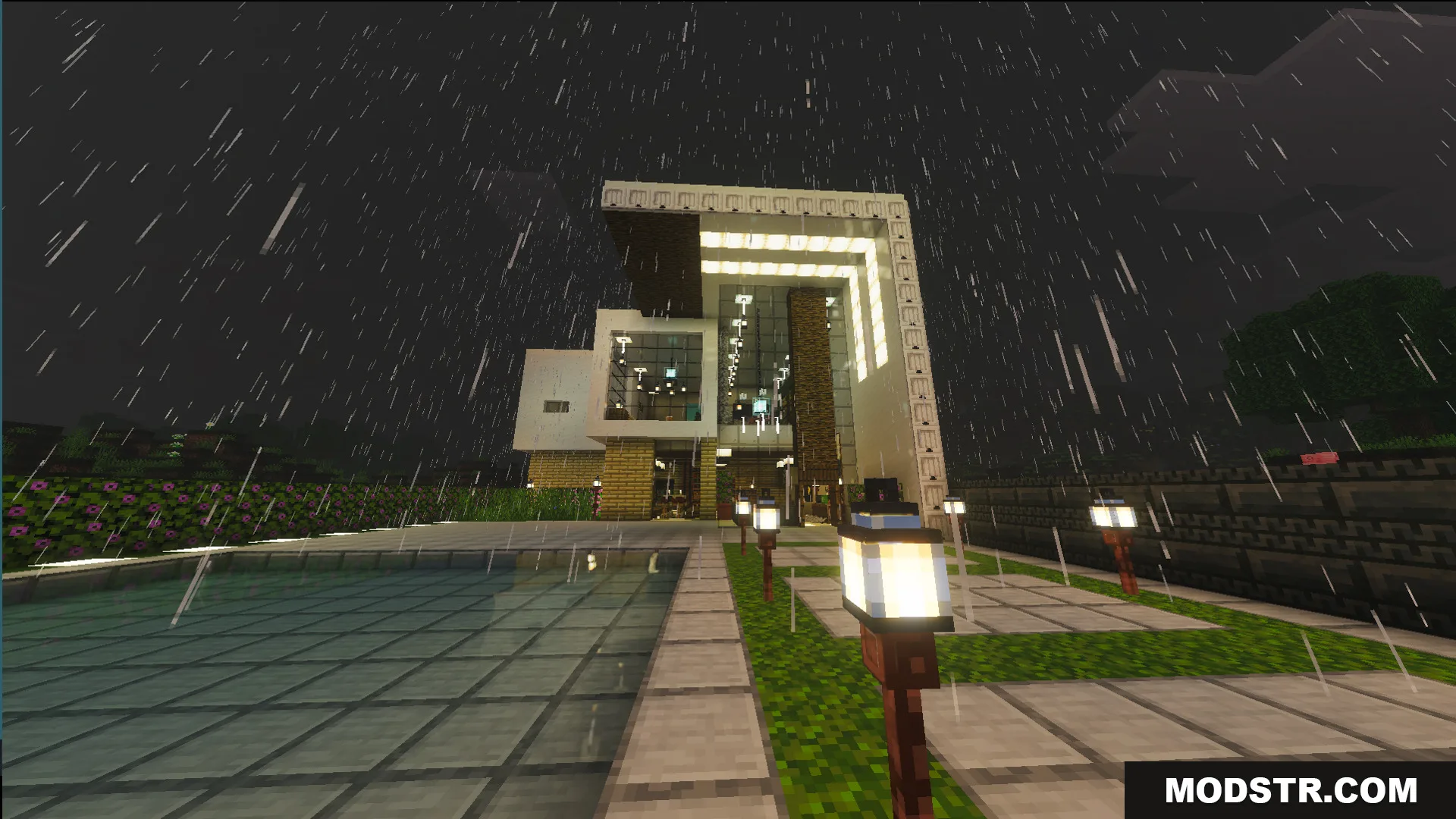 Survival Modern House 6 Map Screenshot 8 Modern house exterior with bright lanterns and glass windows in the rain