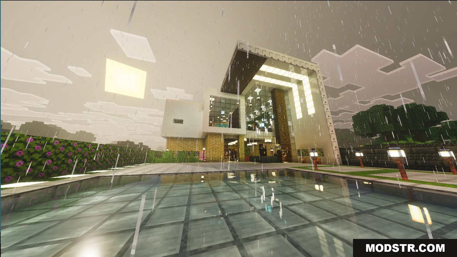Survival Modern House 6 Map Screenshot 7 Survival Modern House 6 Map features a large pool and garden area