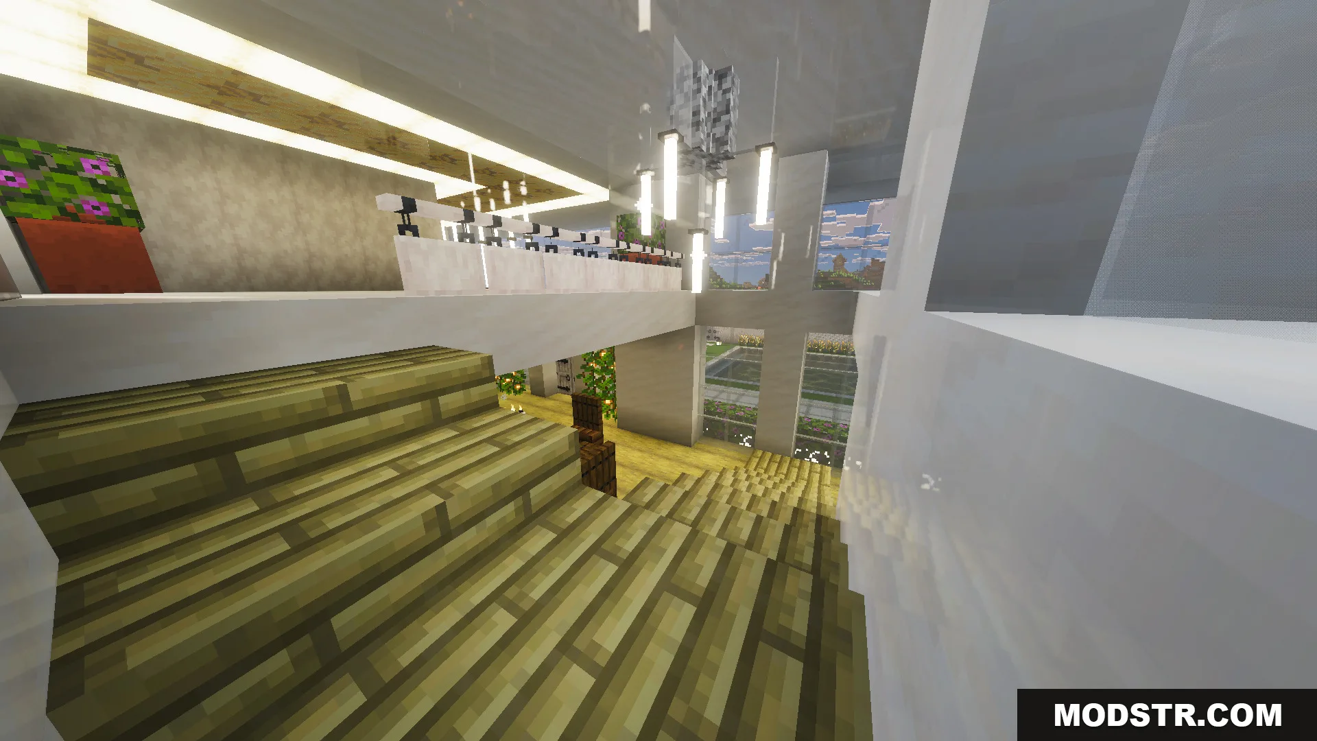 Survival Modern House 79 Map Screenshot 4 Wooden staircase leading down from a white balcony in a modern survival home
