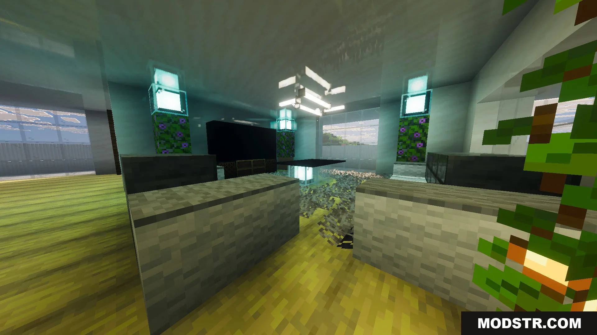 Survival Modern House 79 Map Screenshot 6 Modern living room with grey sofas and glowing blue decorative light blocks