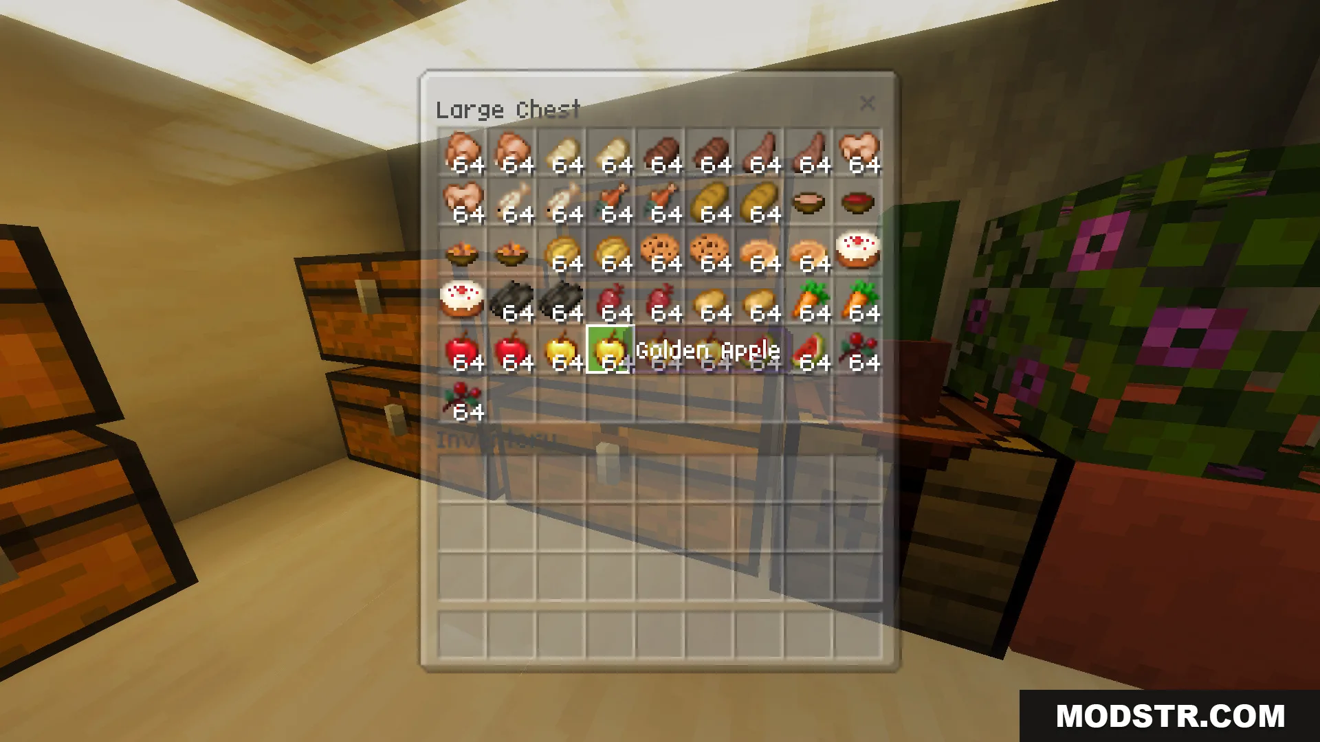 Survival Modern House 79 Map Screenshot 2 Large chest interface filled with various survival food items and golden apples