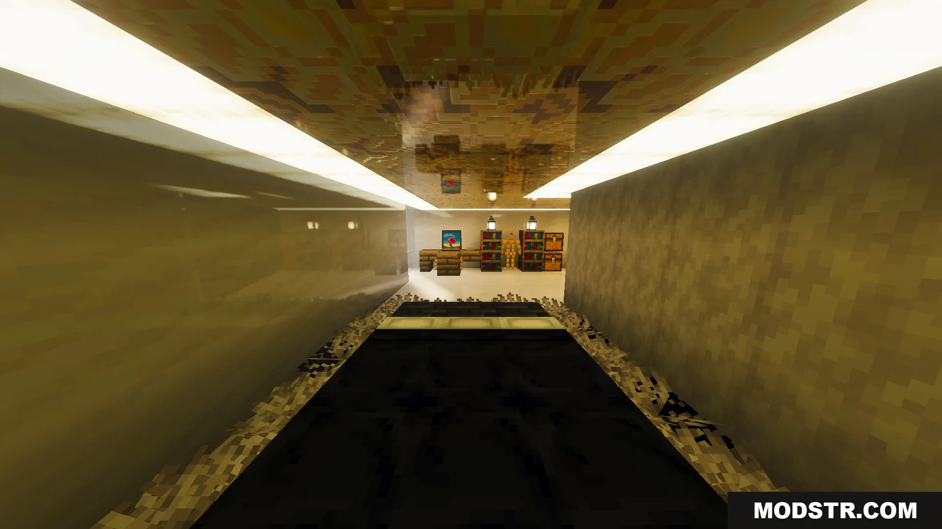 Survival Modern House 79 Map Screenshot 11 A narrow hallway with reflective surfaces leading to a room with survival furniture