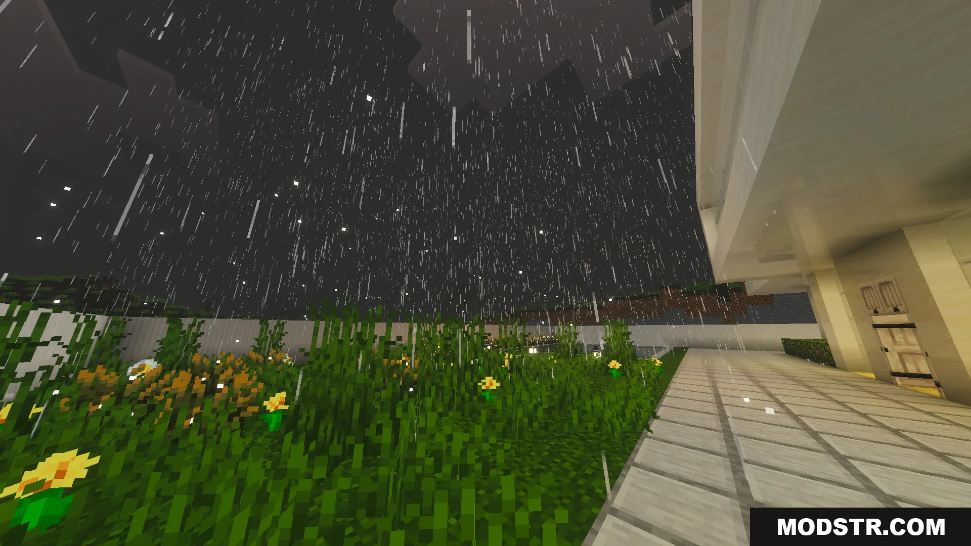 Survival Modern House 79 Map Screenshot 10 Lush green grass and yellow flowers in a garden during a rainy day