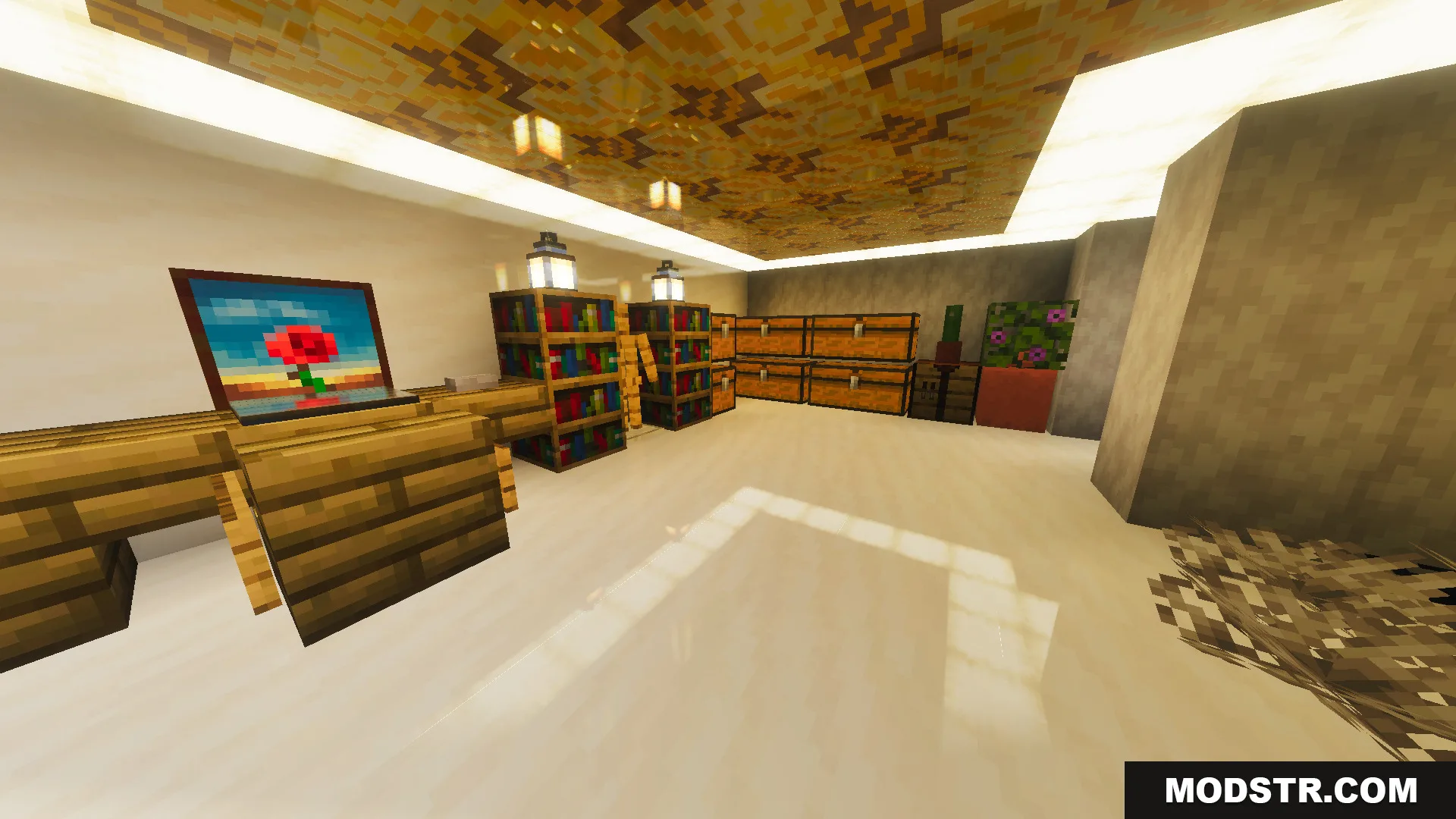 Survival Modern House 79 Map Screenshot 1 Survival Modern House Map features a fully decorated room with bookshelves and chests